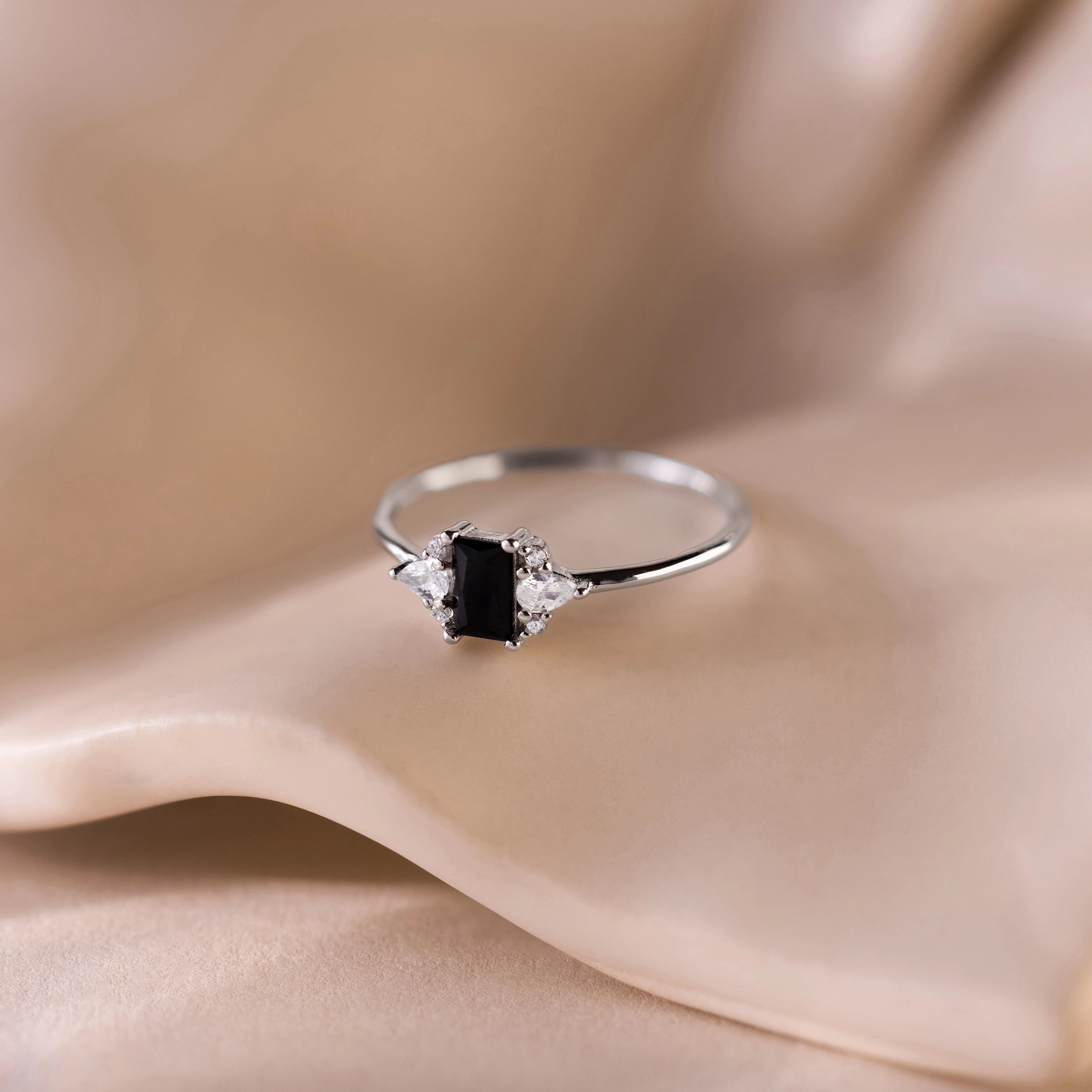 Diamond Black Baguette Onyx Ring Silver 18K Gold Plated