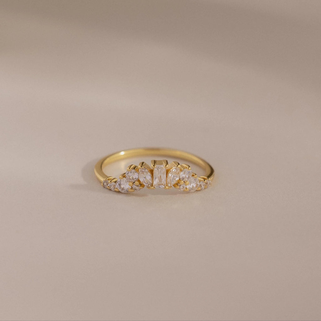 Diamond Curve Cluster Ring Silver 18K Gold Plated