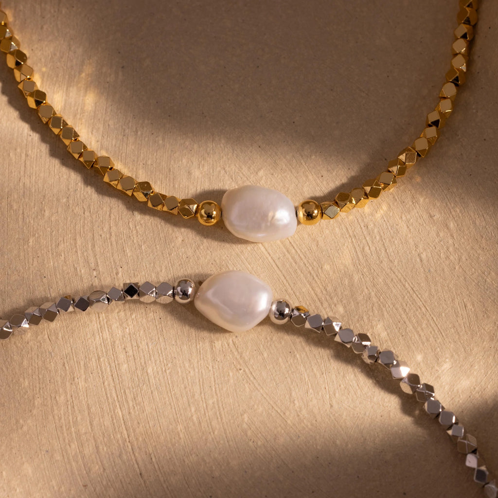 Pearl Charm Beaded Bracelet Silver 18K Gold Plated