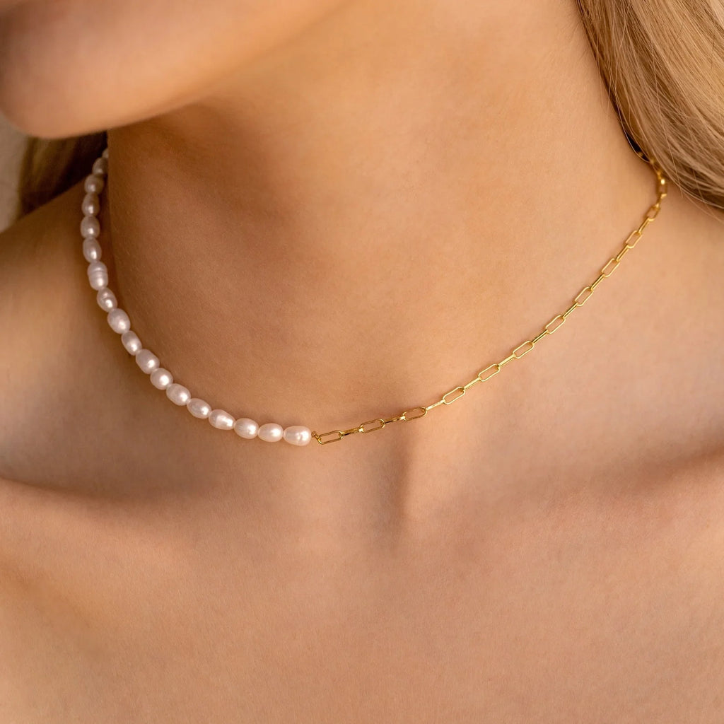 Pearl & Paperclip Chain Necklace Silver 18K Gold Plated