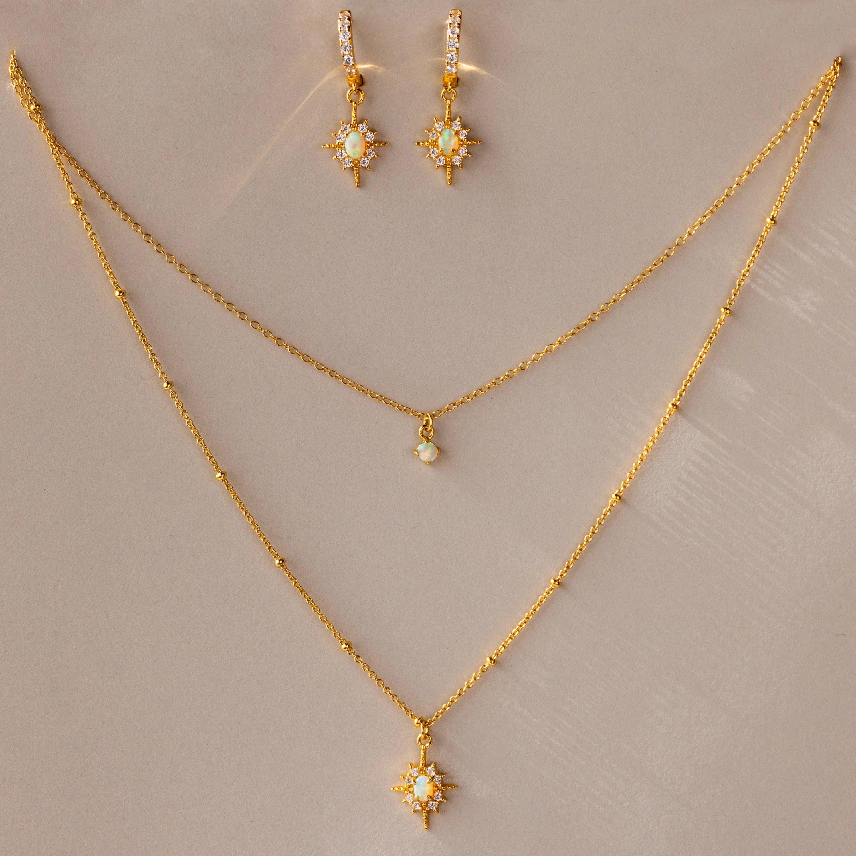 Opal Star Charm Necklace & Earrings Set Silver 18K Gold Plated