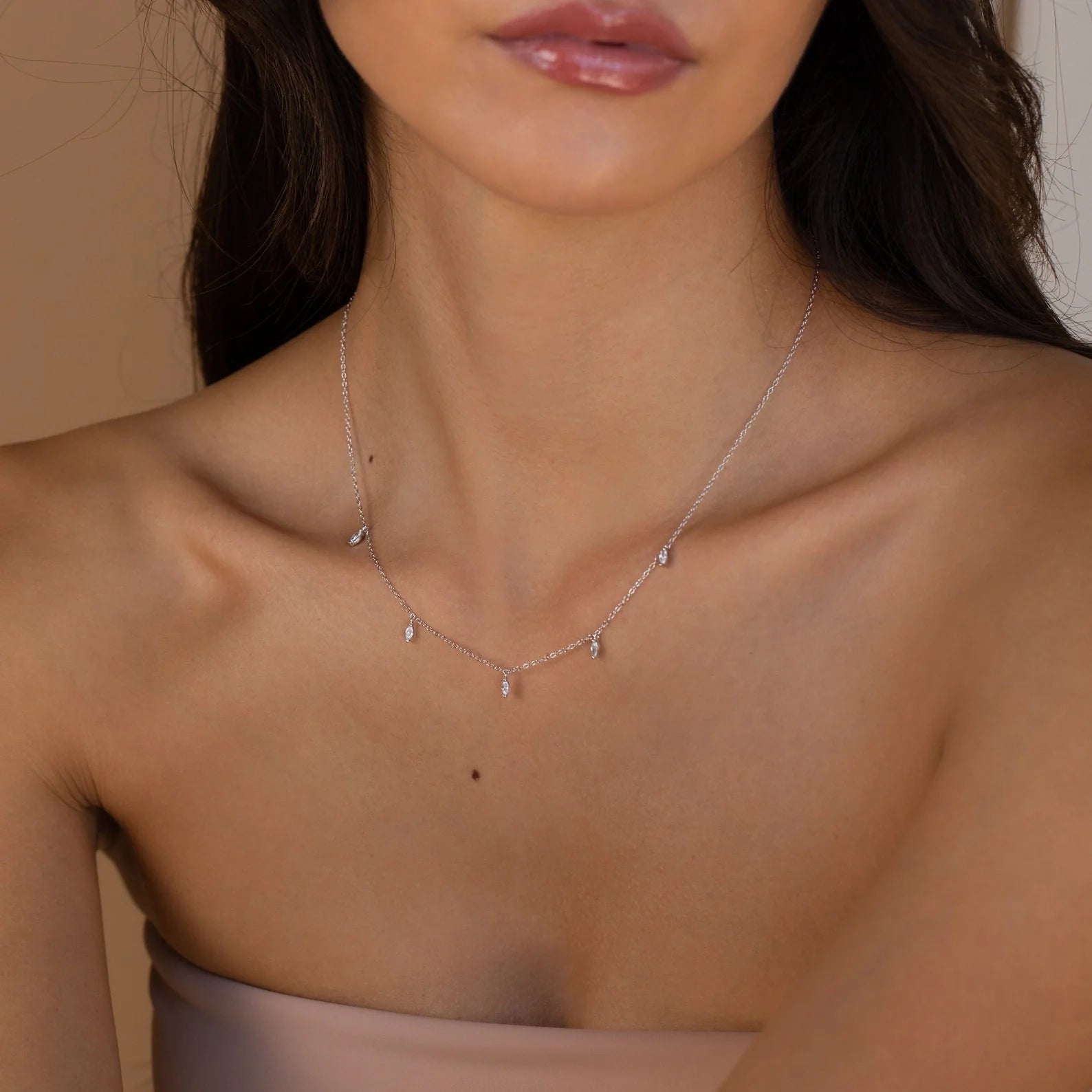 Marquise Station Necklace Silver 18K Gold Plated
