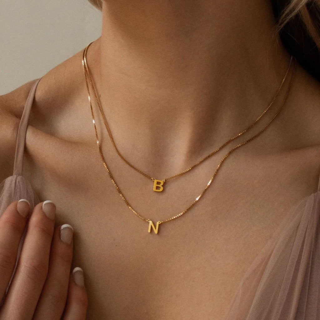 Alice Double Letter Box Chain Necklace Silver 18K Gold Plated