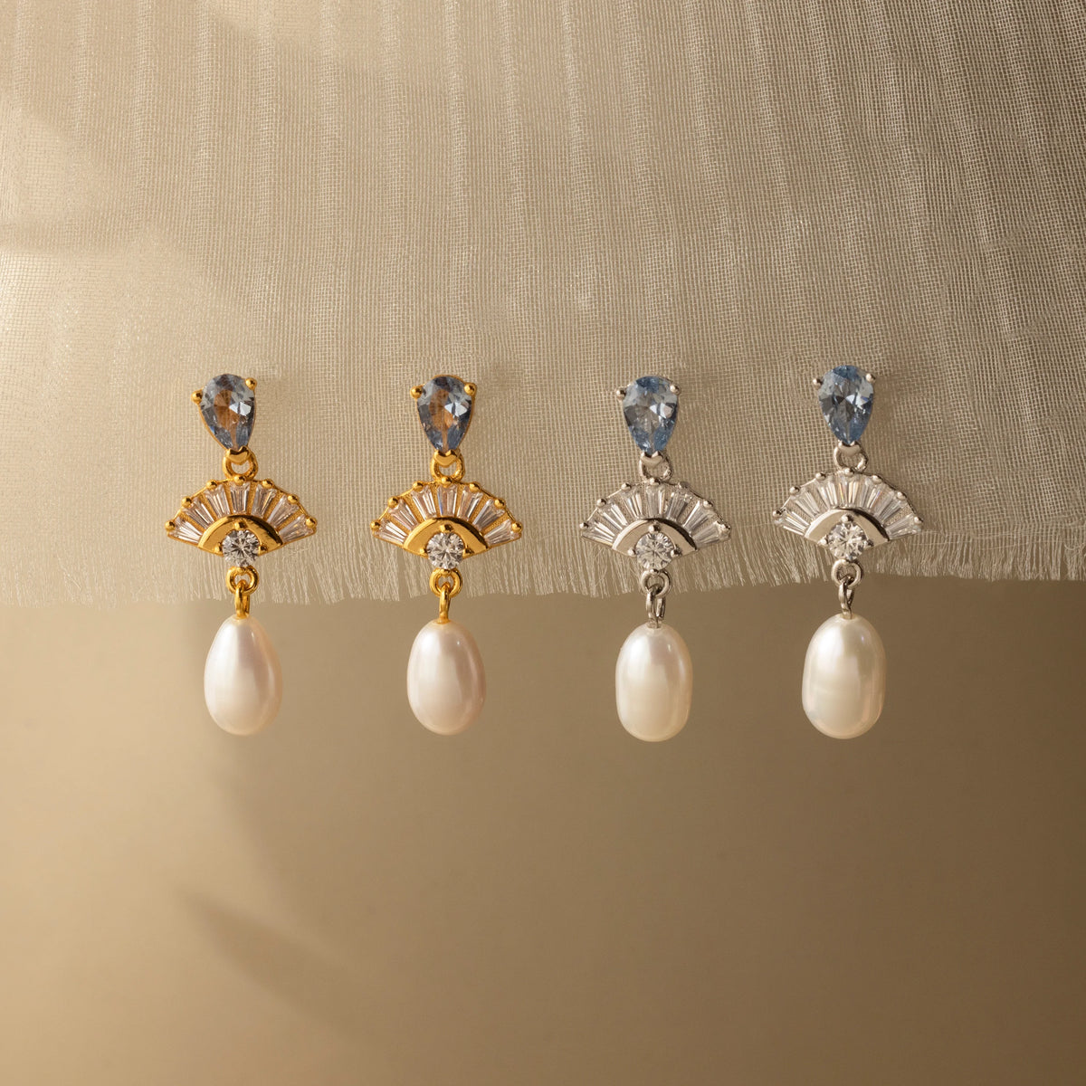 Diamond Aquamarine Pearl Drop Earrings Silver 18K Gold Plated