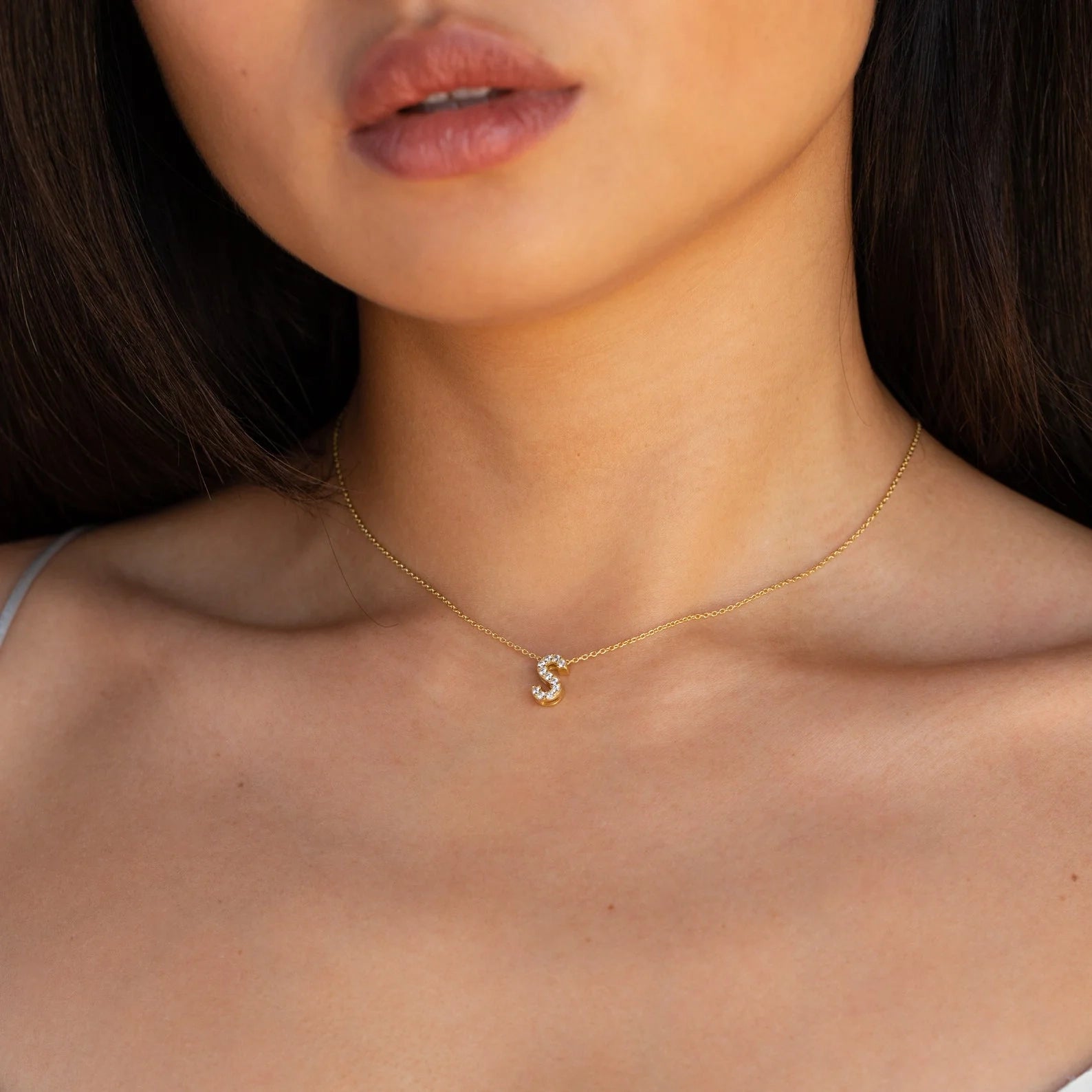 Floating Pave Initial Necklace Silver 18K Gold Plated