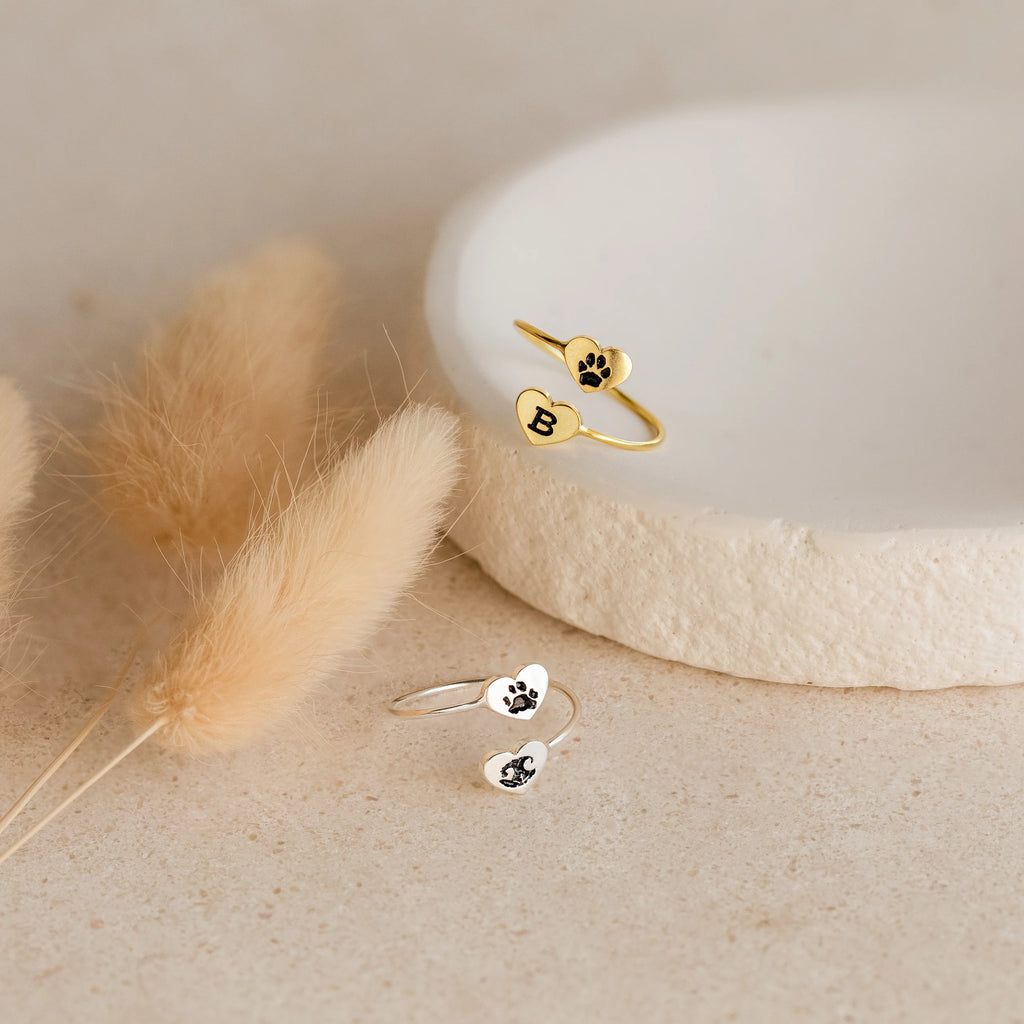 Paw Print Duo Heart Ring Silver 18K Gold Plated