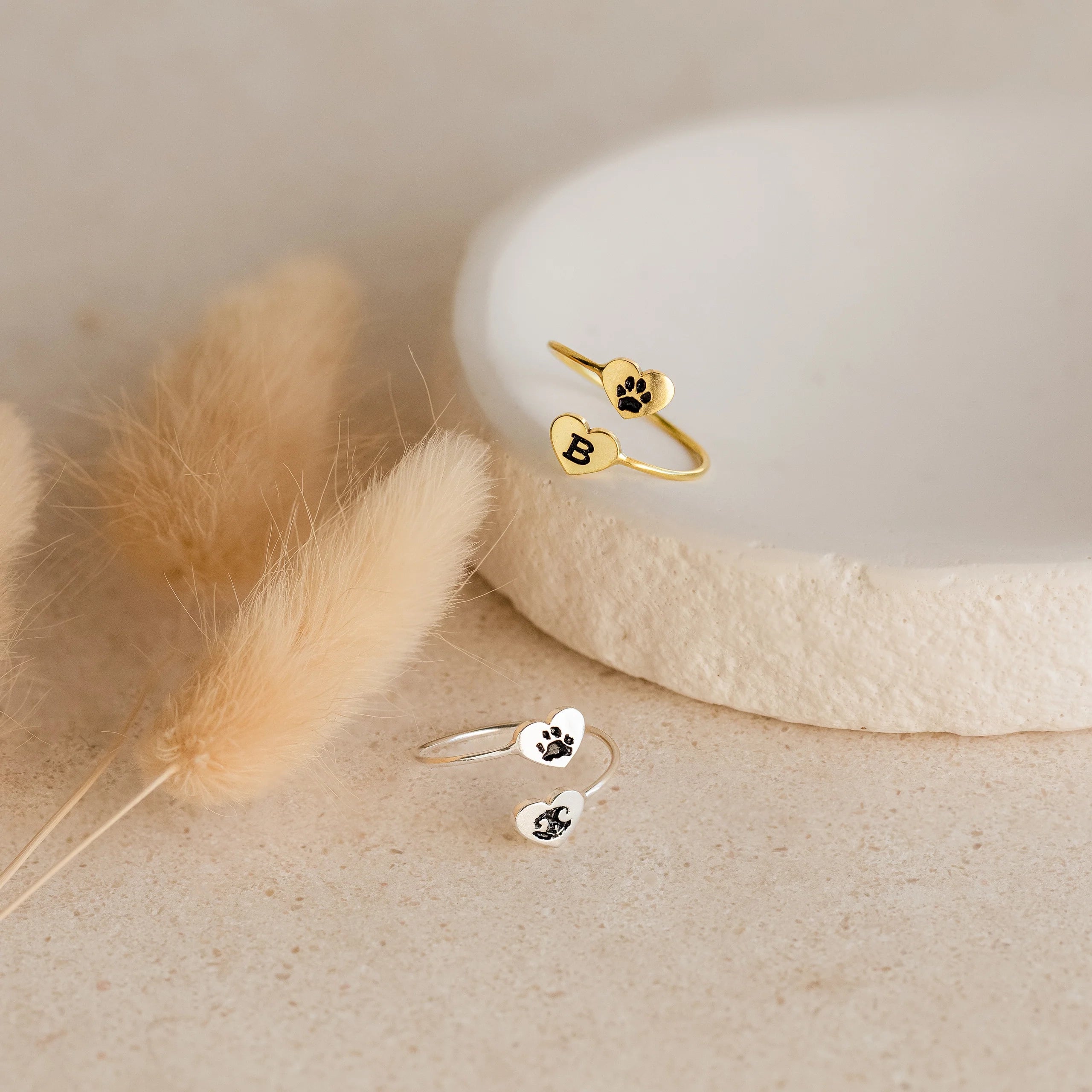 Paw Print Duo Heart Ring Silver 18K Gold Plated