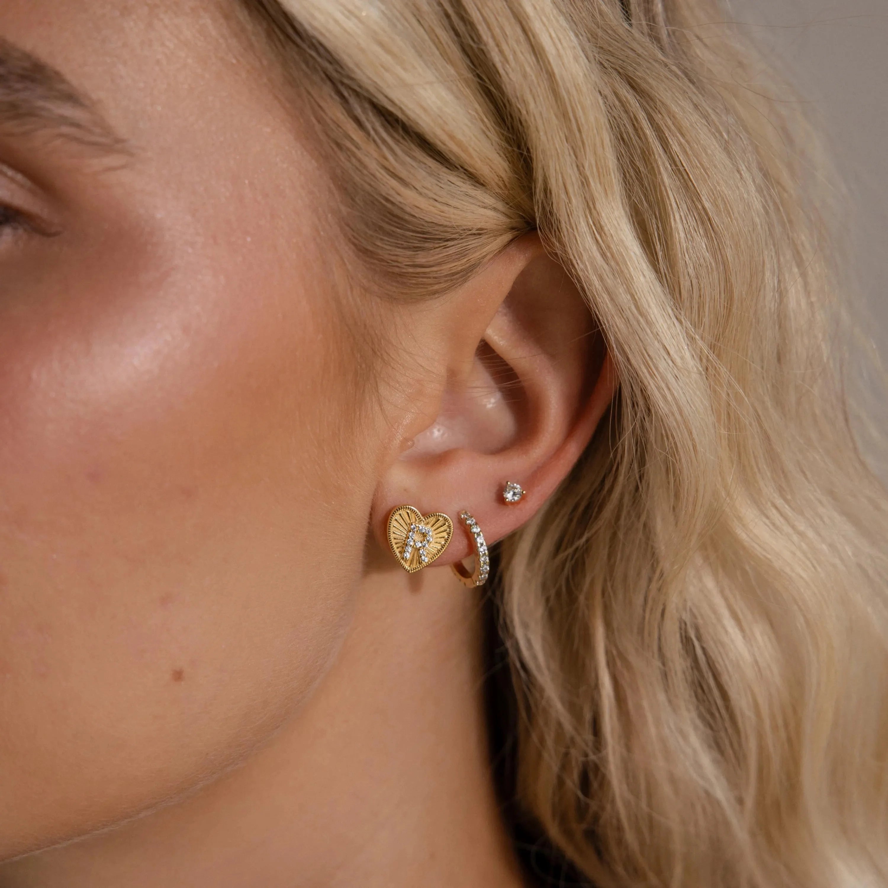 Ribbed Heart Initial Studs  Silver 18K Gold Plated