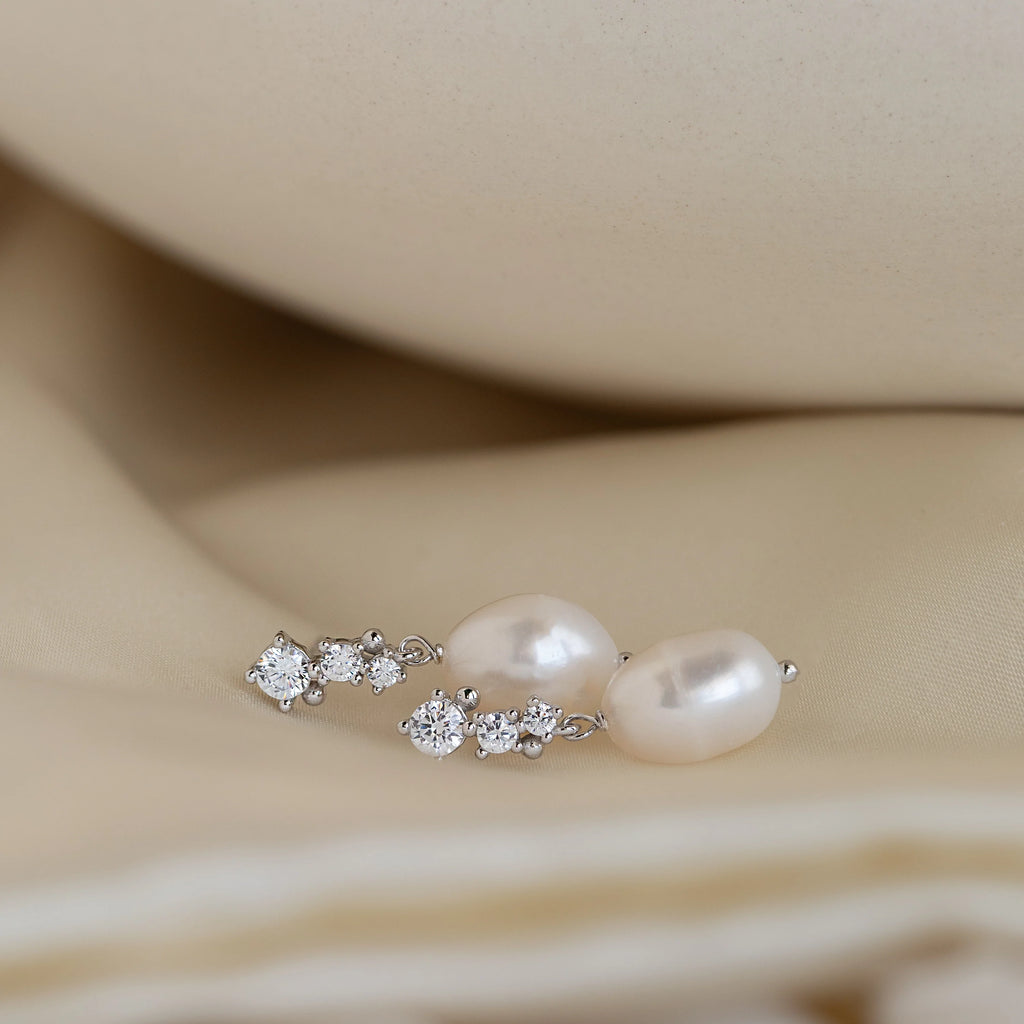 Diamond Pearl Drop Earrings Silver 18K Gold Plated