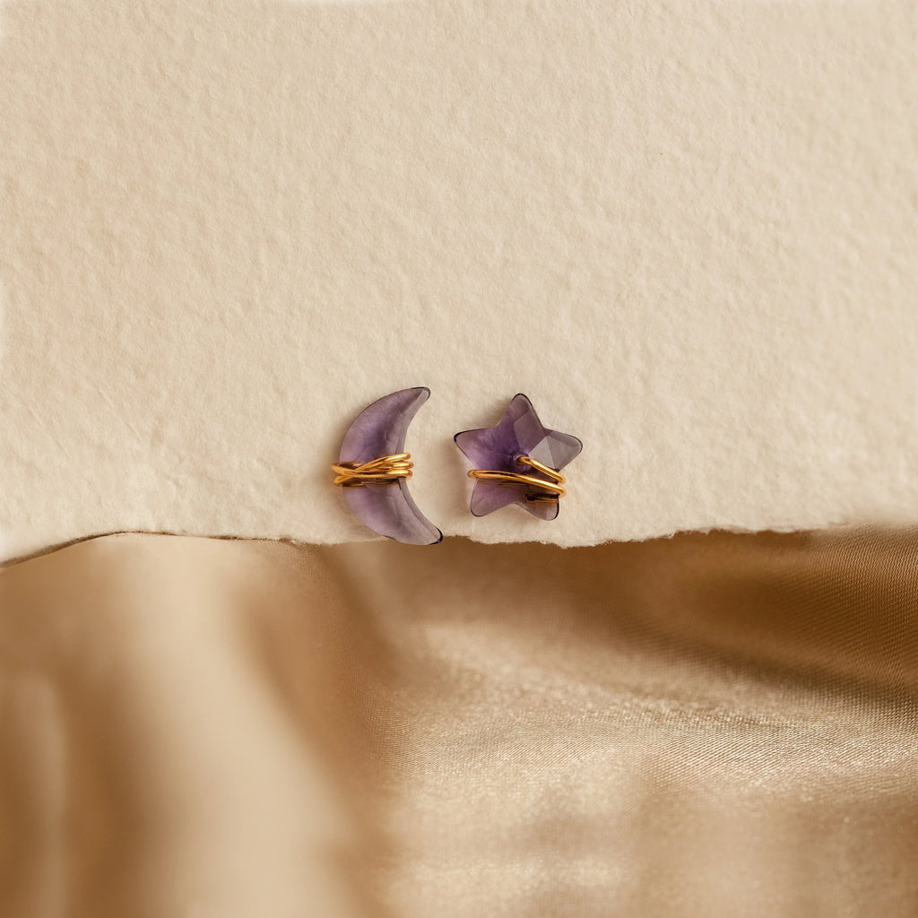 Amethyst Moon & Star Studs Silver 18K Gold Plated