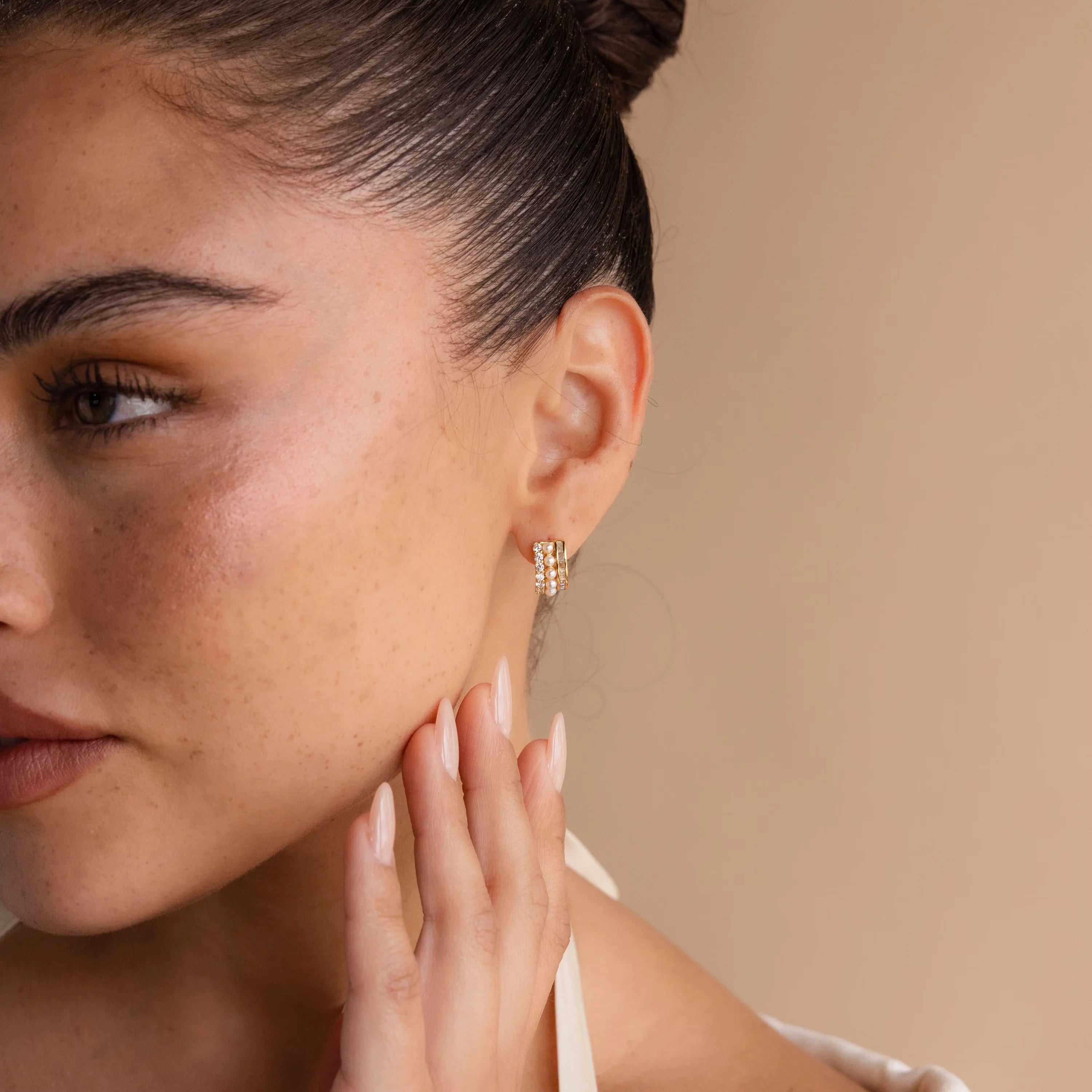 Diamond Pearl Stacked Hoops Silver 18K Gold Plated