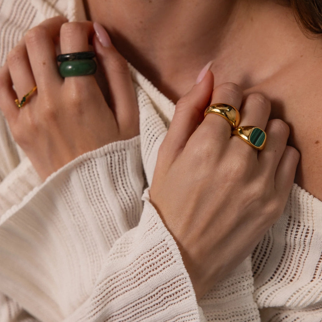 Malachite Signet Ring Silver 18K Gold Plated