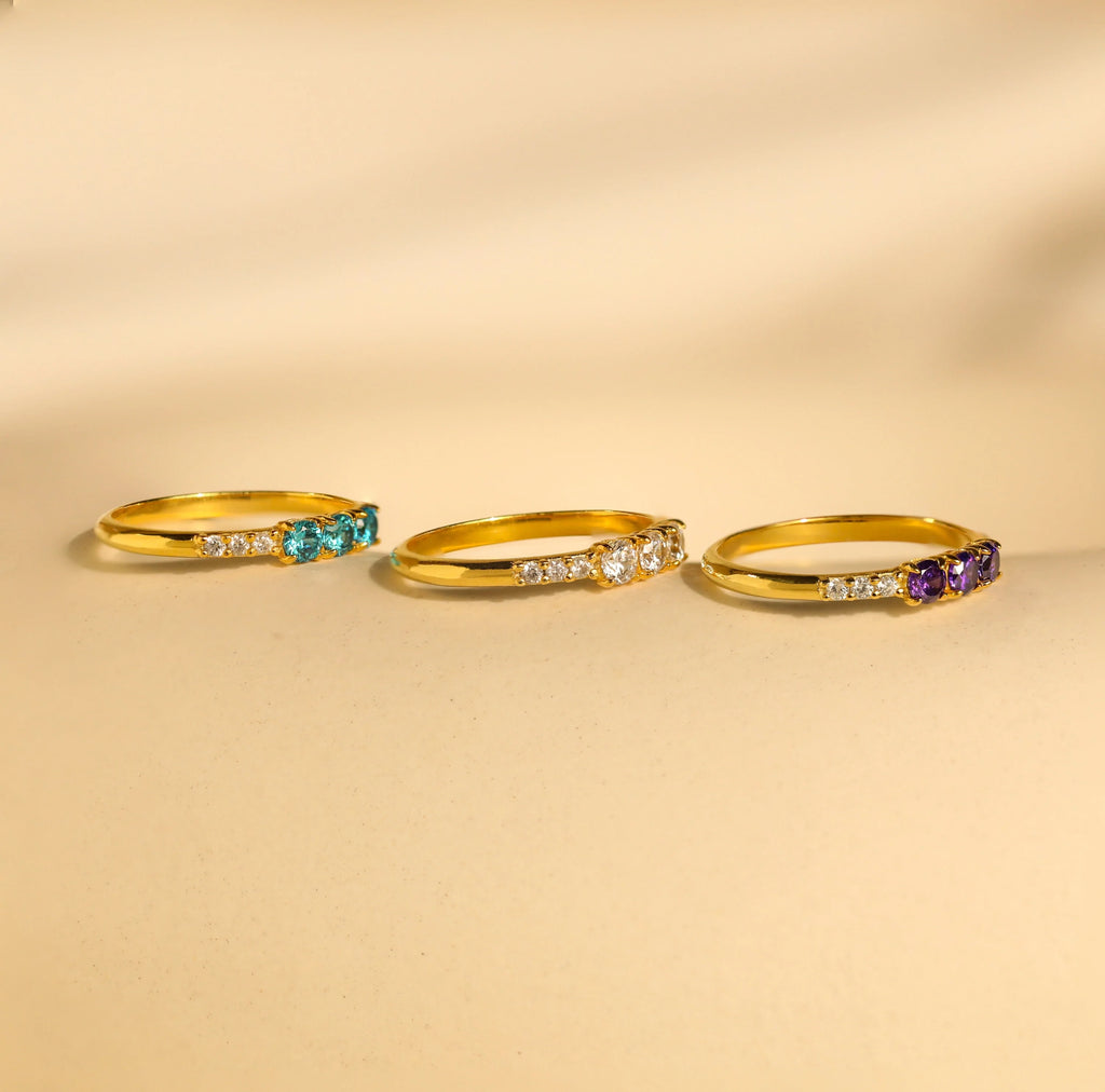 Pave Triple Birthstone Ring Silver 18K Gold Plated