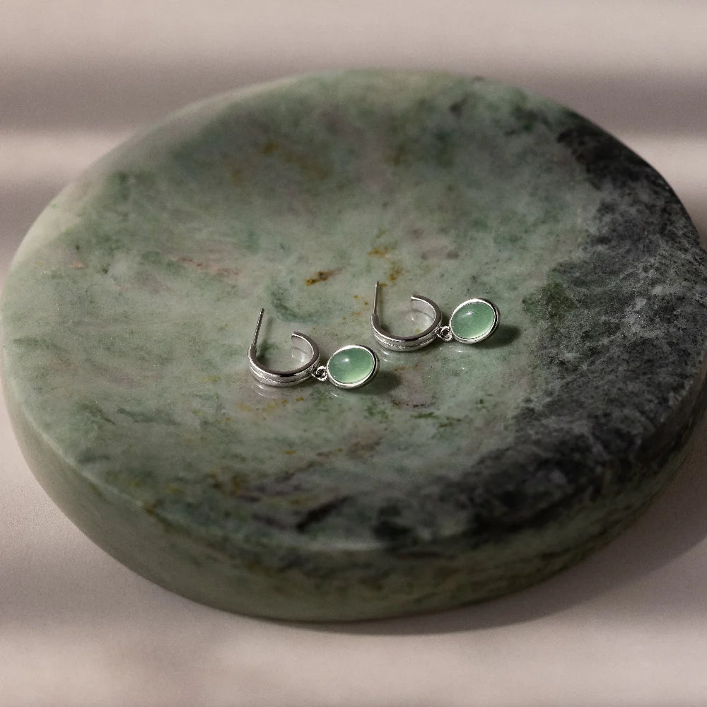 Jade Gemstone Drop Hoops Silver 18K Gold Plated