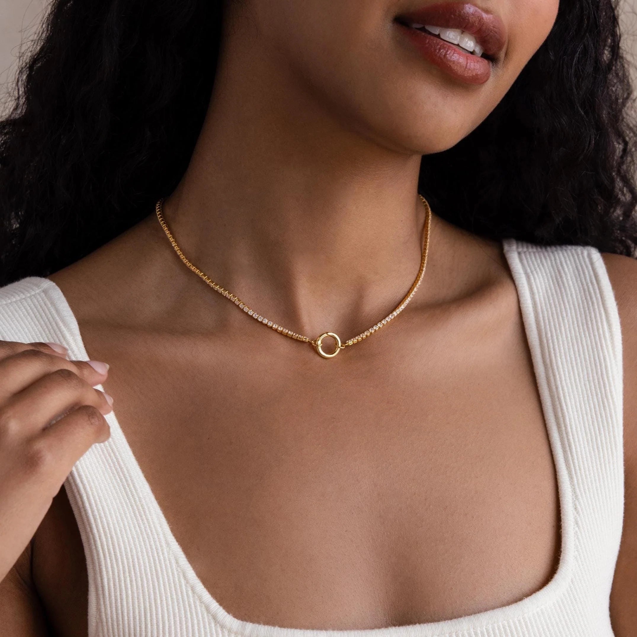 Diamond Tennis Clasp Necklace Silver 18K Gold Plated