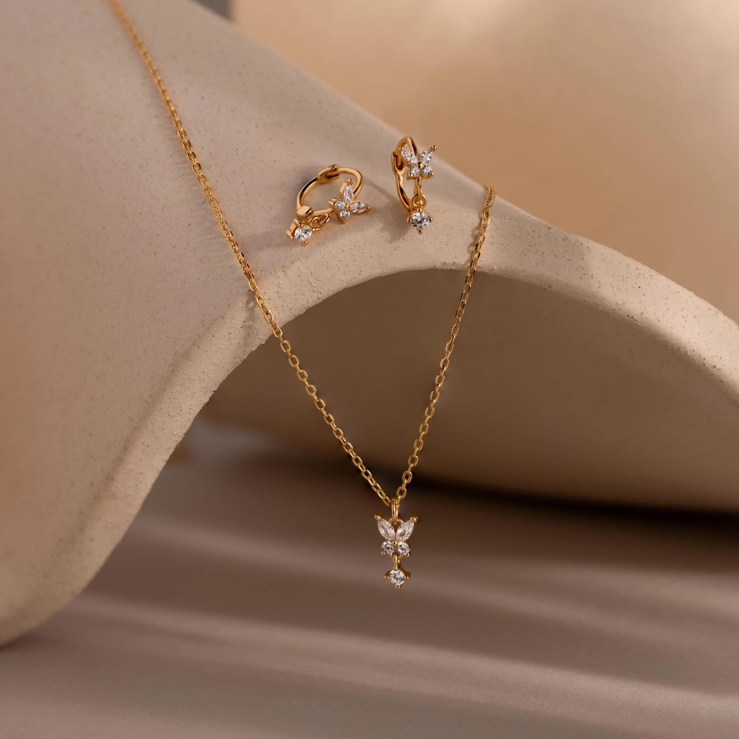 Diamond Butterfly Necklace & Earrings Set Silver 18K Gold Plated