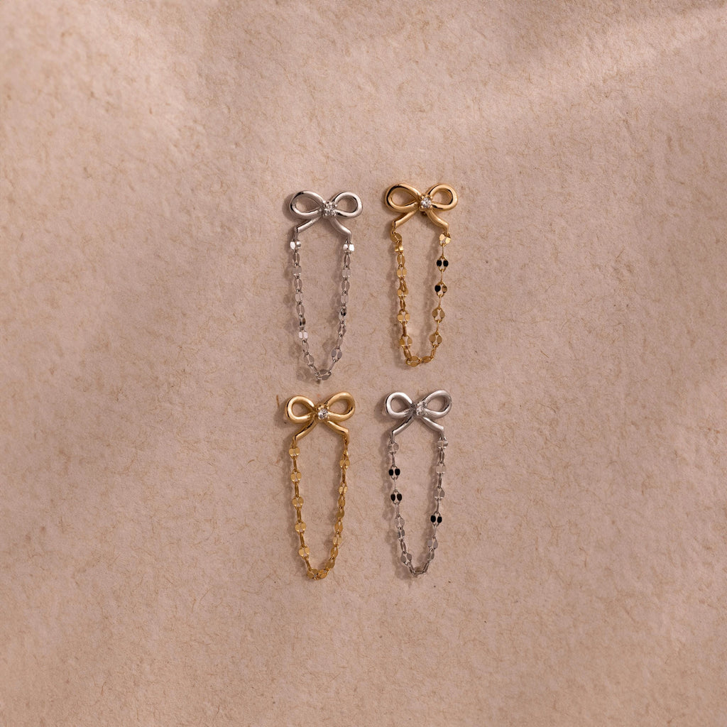 Diamond Bow Chain Studs Silver 18K Gold Plated