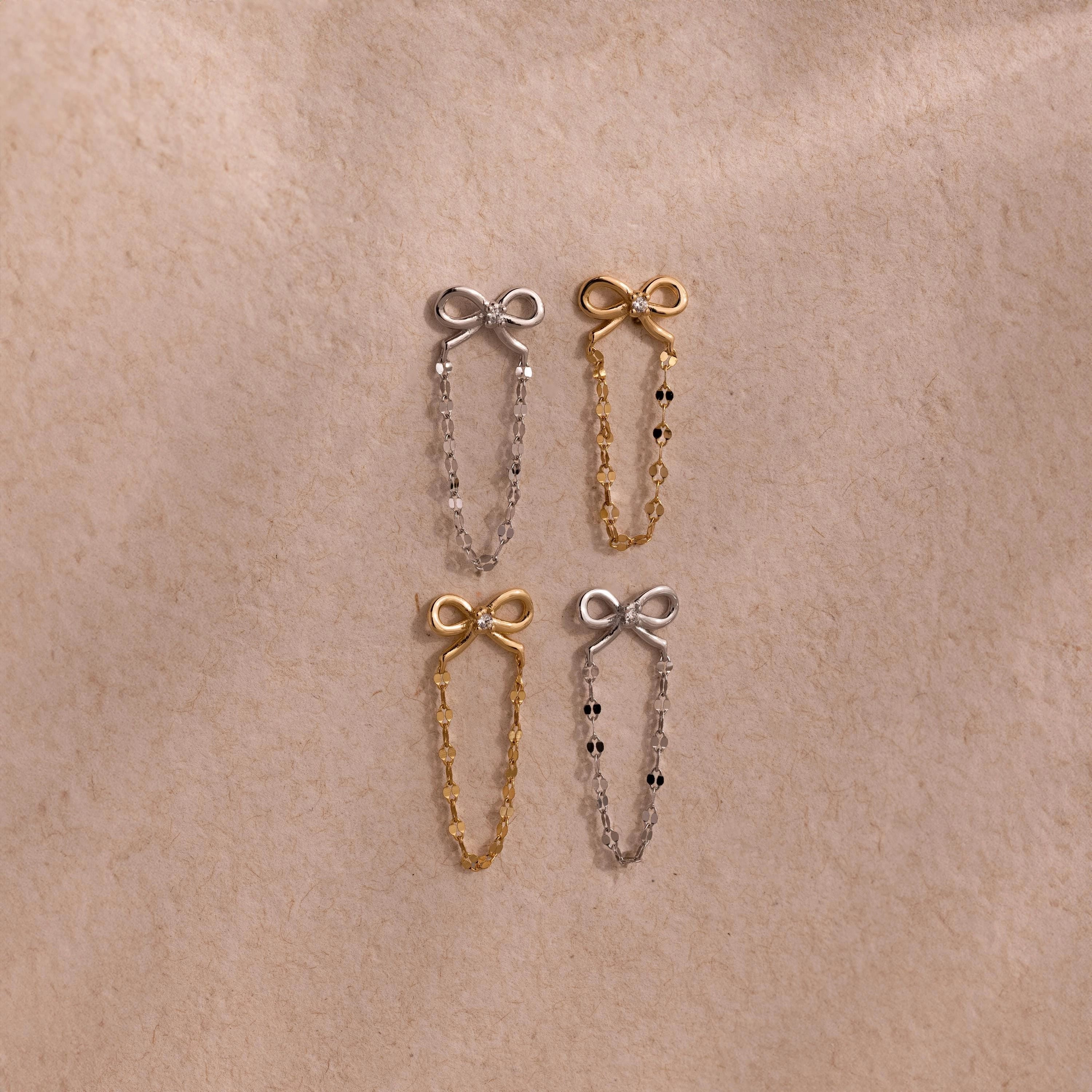 Diamond Bow Chain Studs Silver 18K Gold Plated