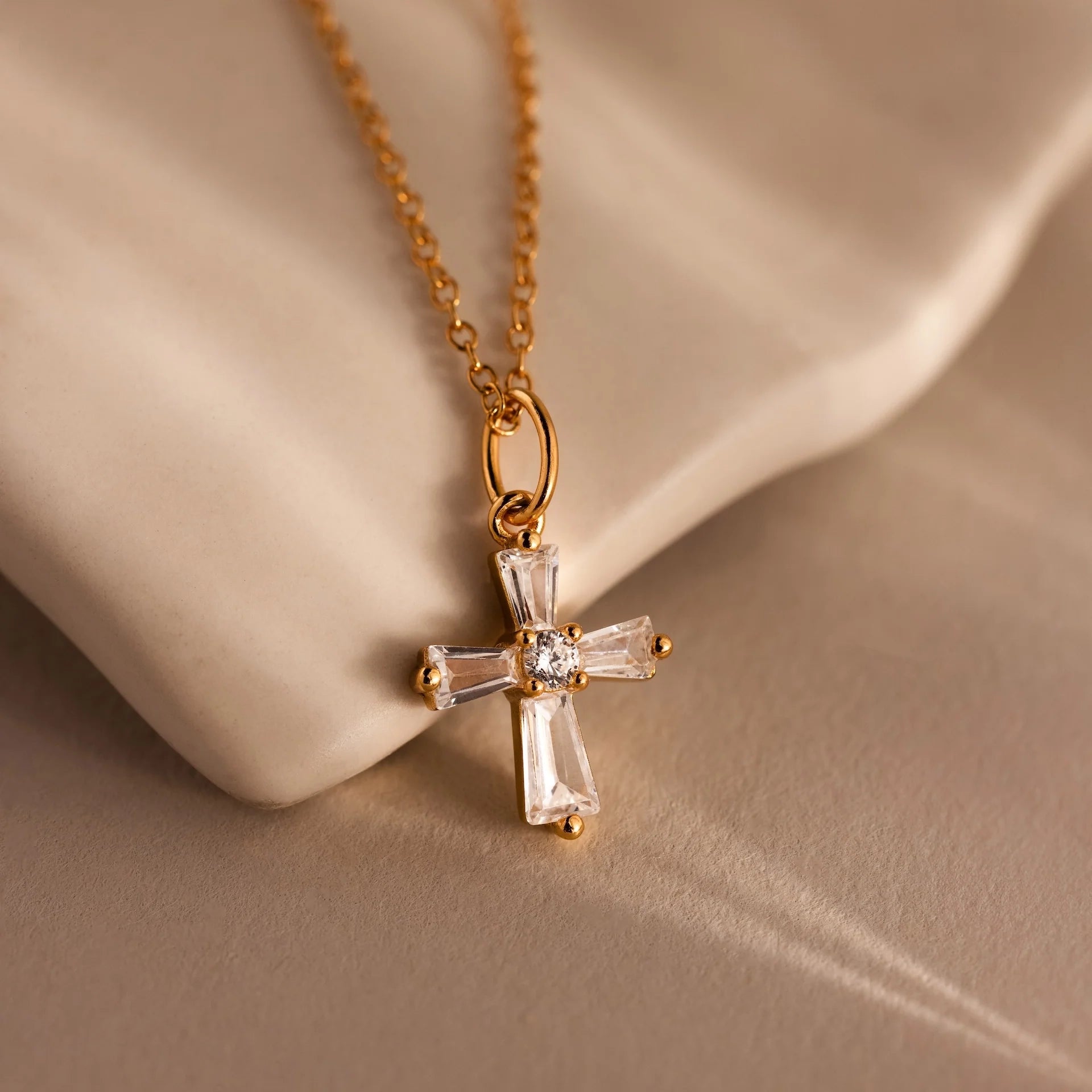 Diamond Pavé Art Deco Cross Necklace Silver 18K Gold Plated