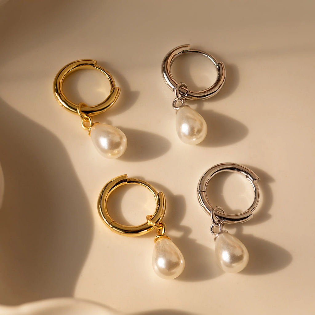 Dainty Pearl Drop Huggies in 18K Gold