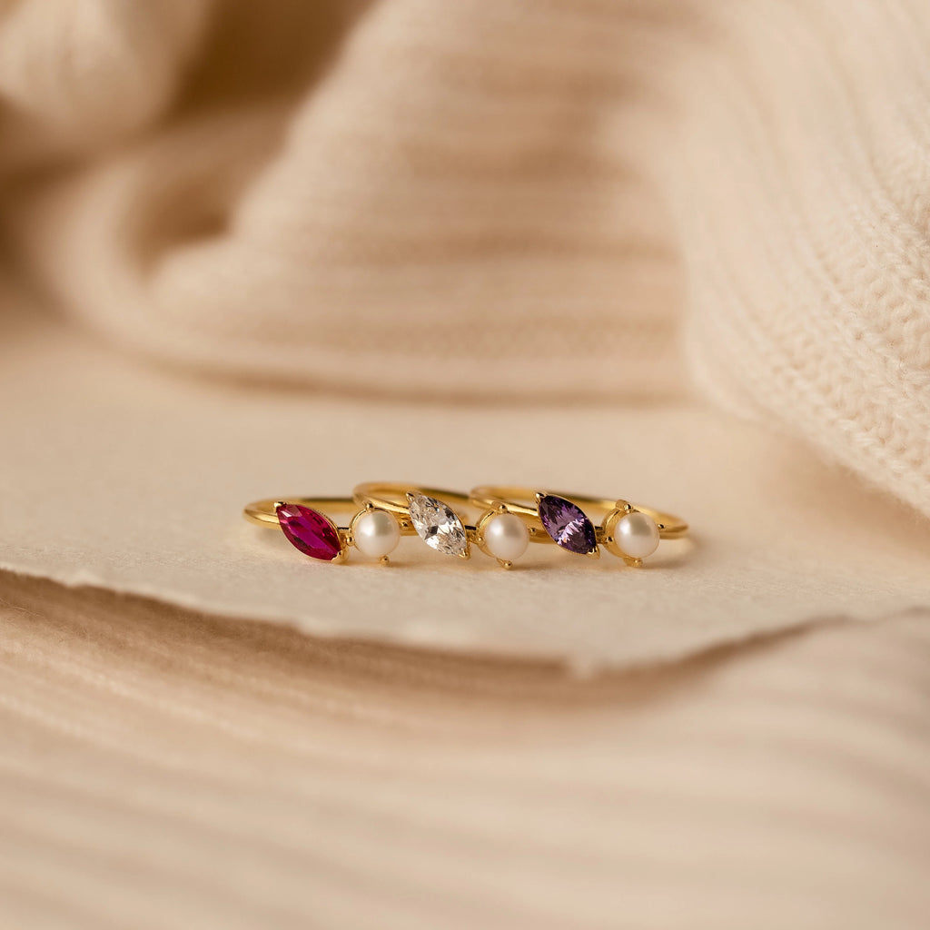 Marquise Birthstone Pearl Ring Silver 18K Gold Plated