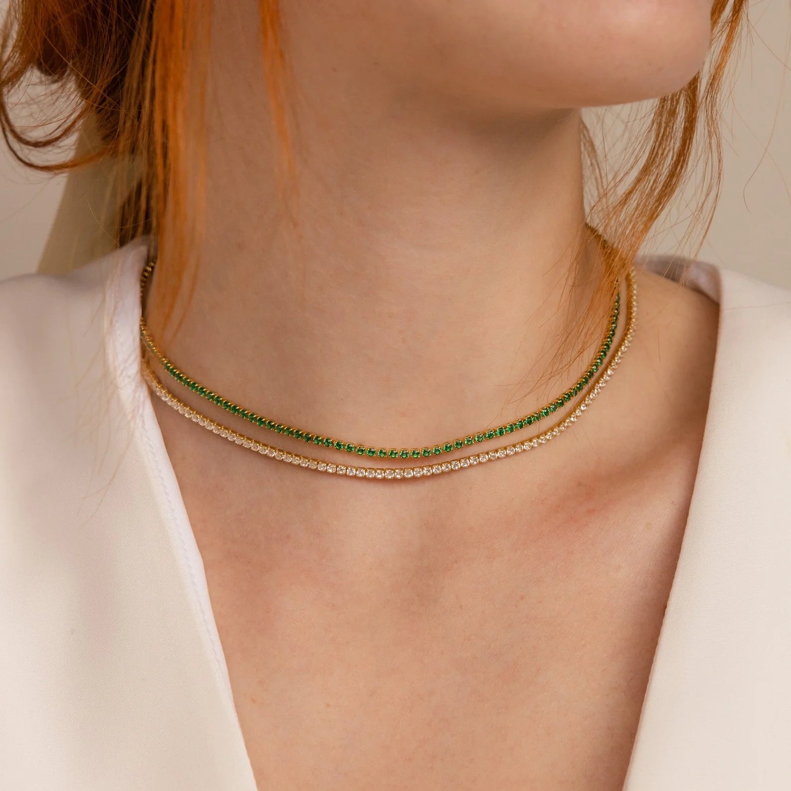 Emerald Tennis Choker Necklace Silver 18K Gold Plated