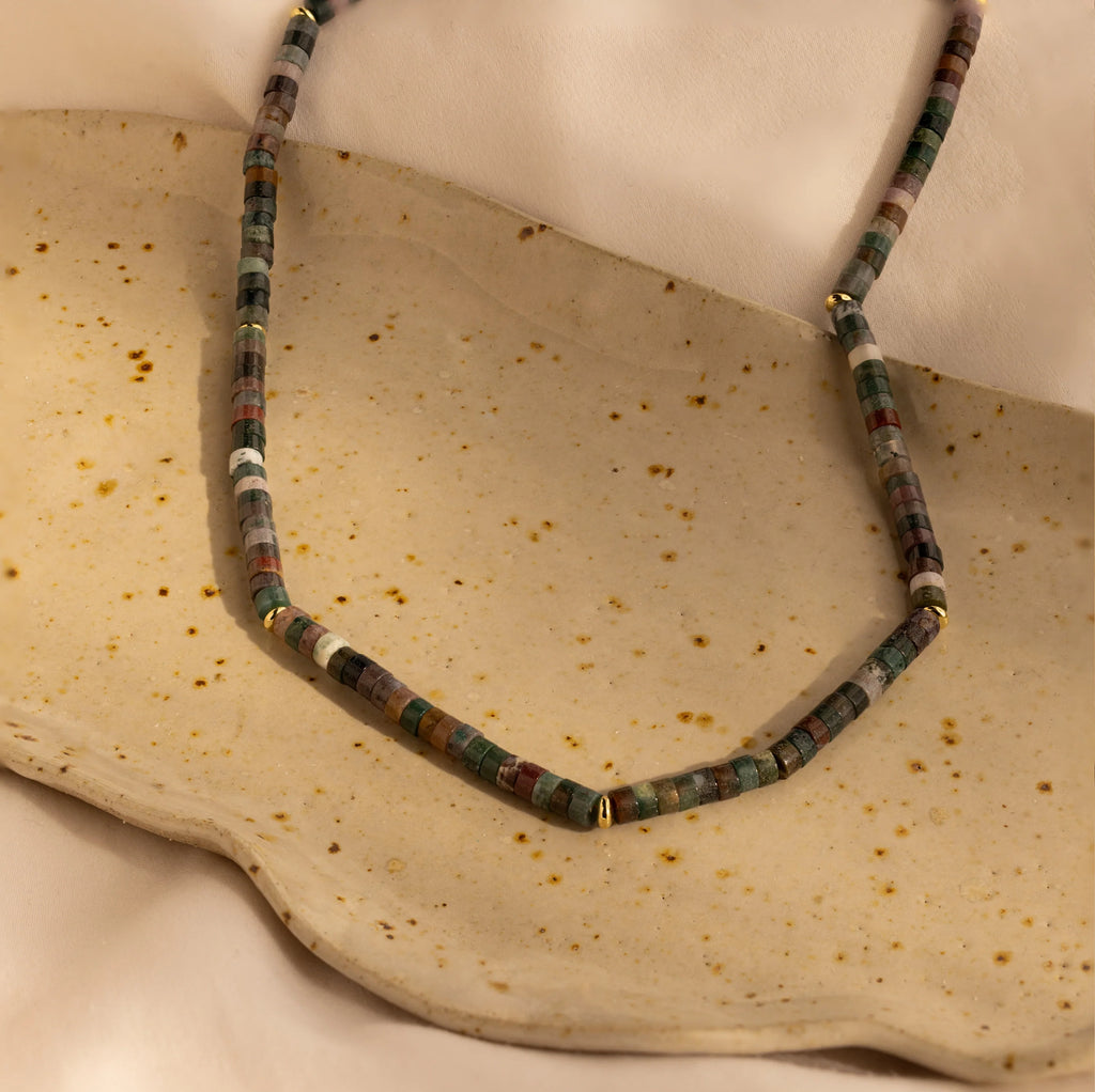 Moss Agate Beaded Necklace Silver 18K Gold Plated