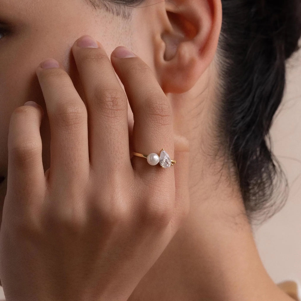 Pearl Diamond Ring Silver 18K Gold Plated