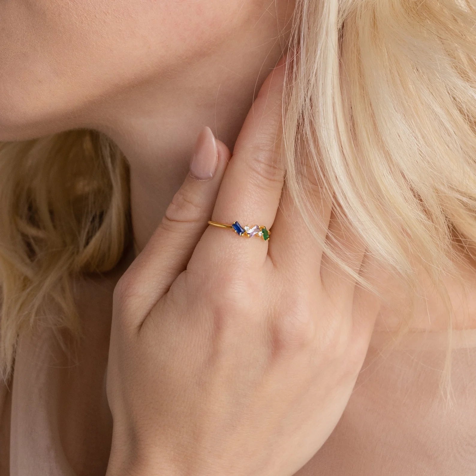 Baguette Cut Birthstone Ring Silver 18K Gold Plated