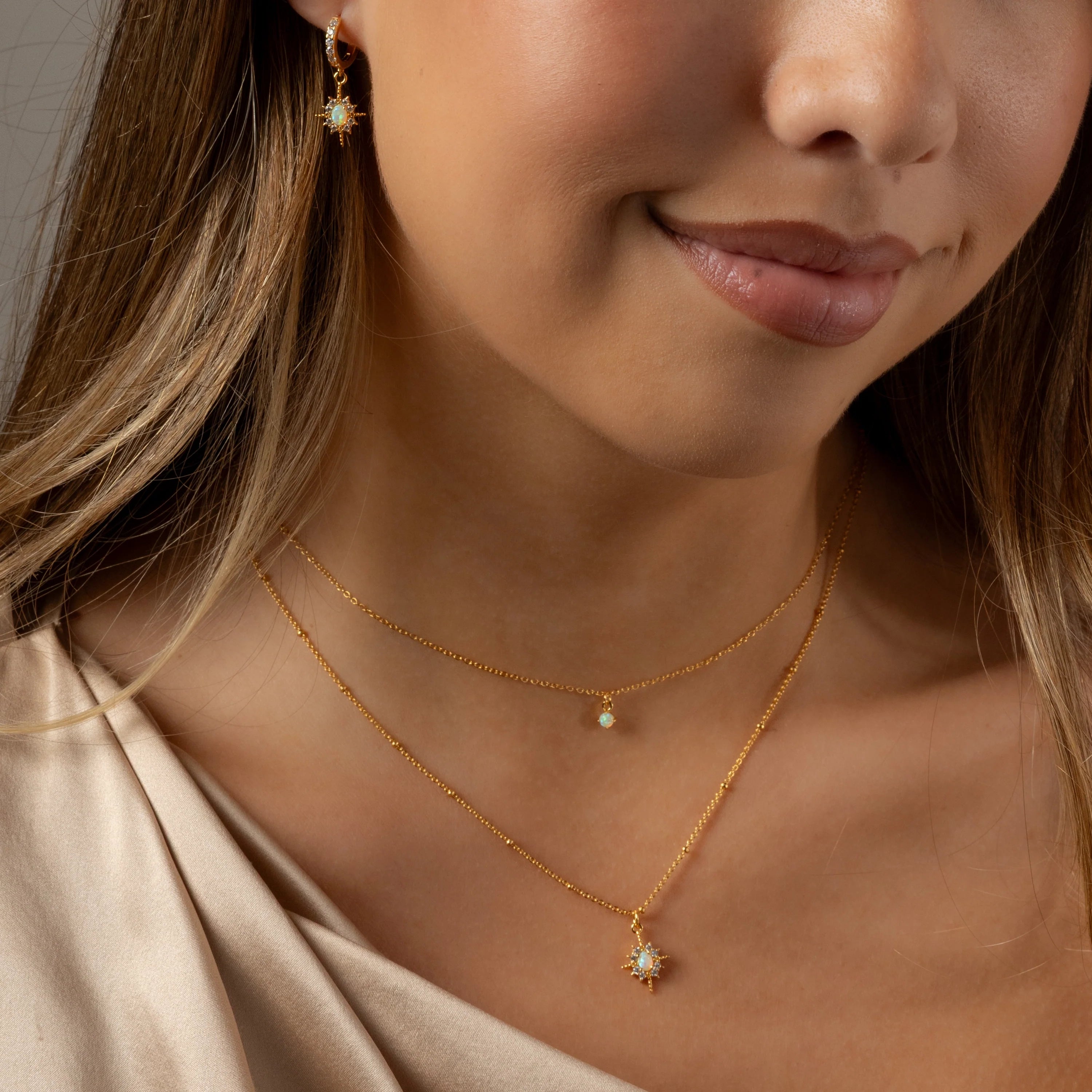 Opal Star Charm Necklace & Earrings Set Silver 18K Gold Plated
