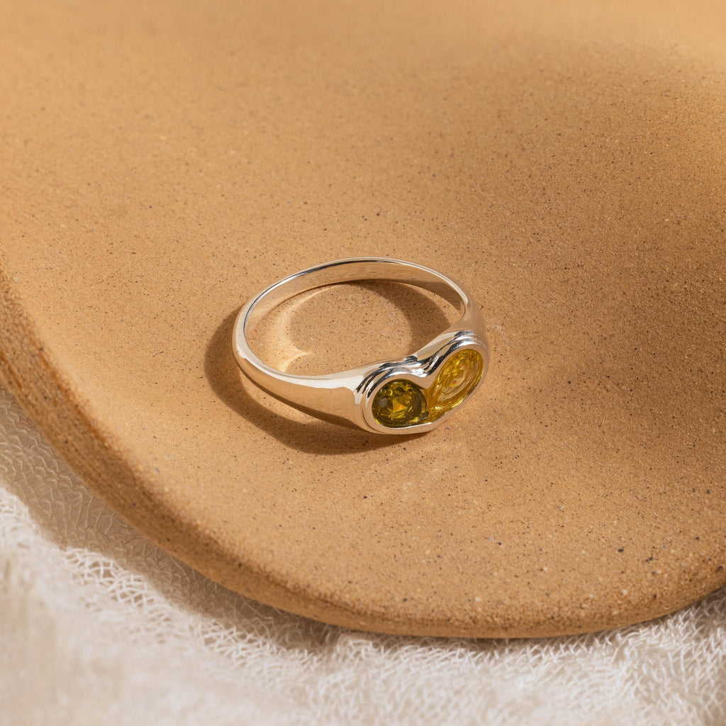 Duo Birthstone Heart Signet Ring Silver 18K Gold Plated