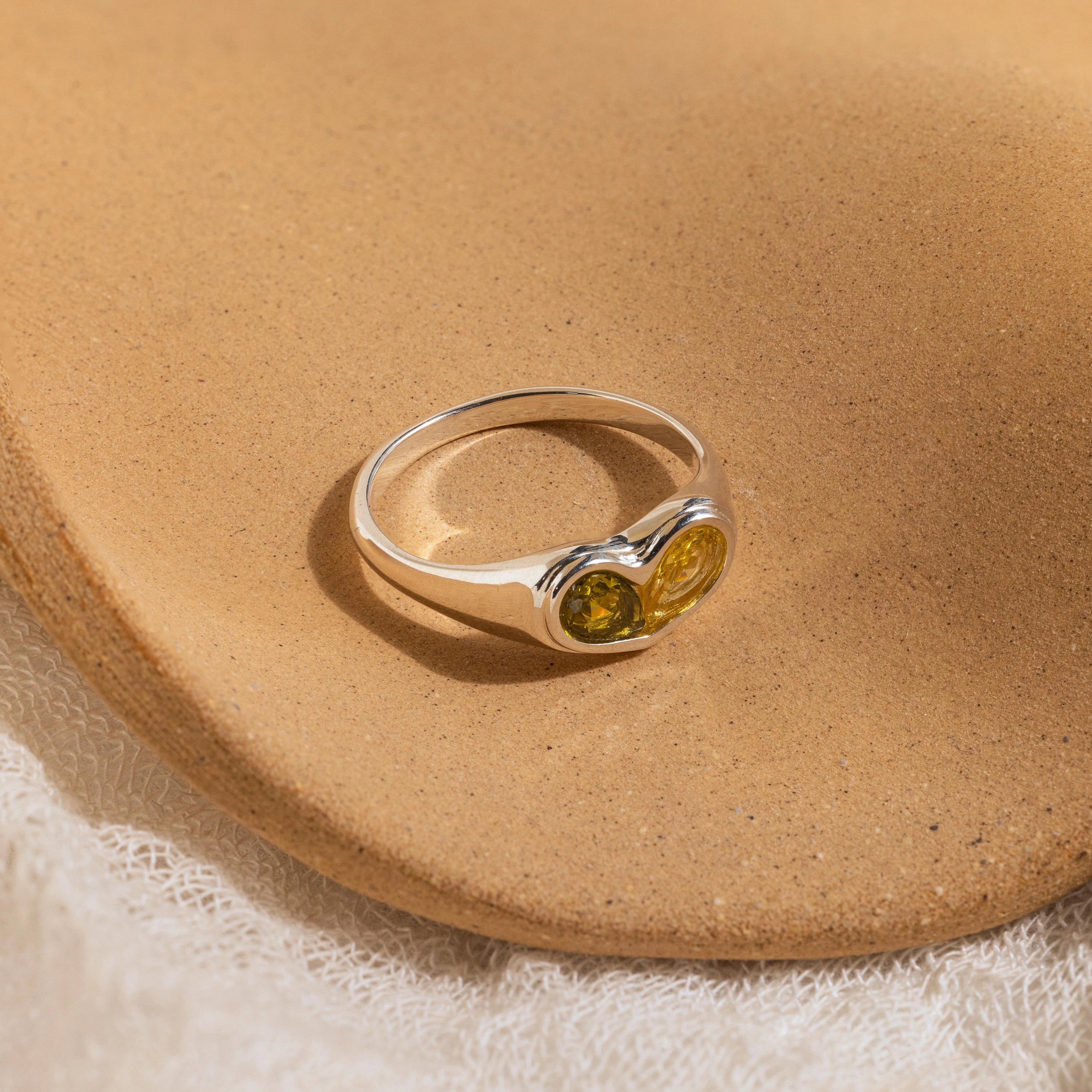 Duo Birthstone Heart Signet Ring Silver 18K Gold Plated
