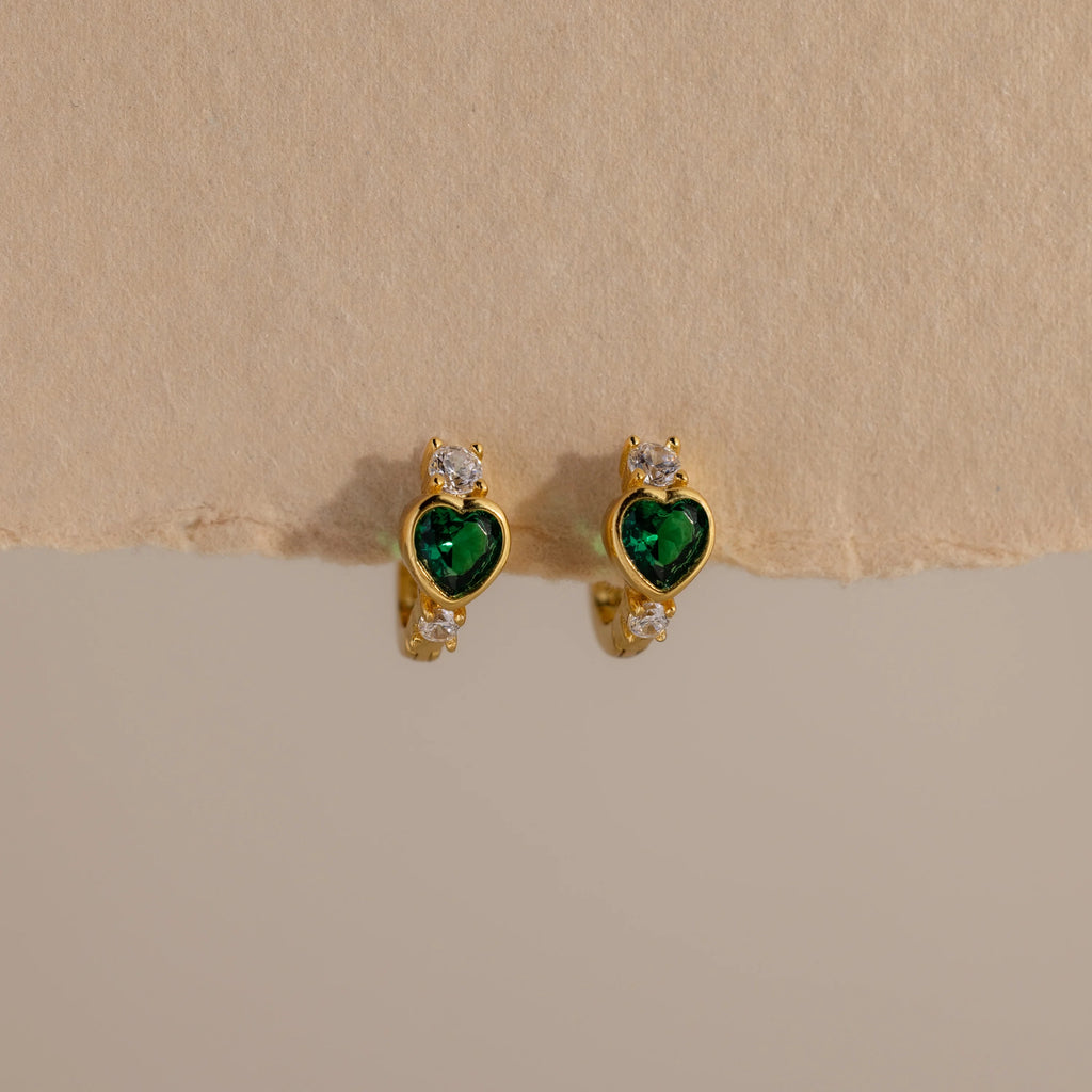 Emerald Heart Hoops Silver 18K Gold Plated