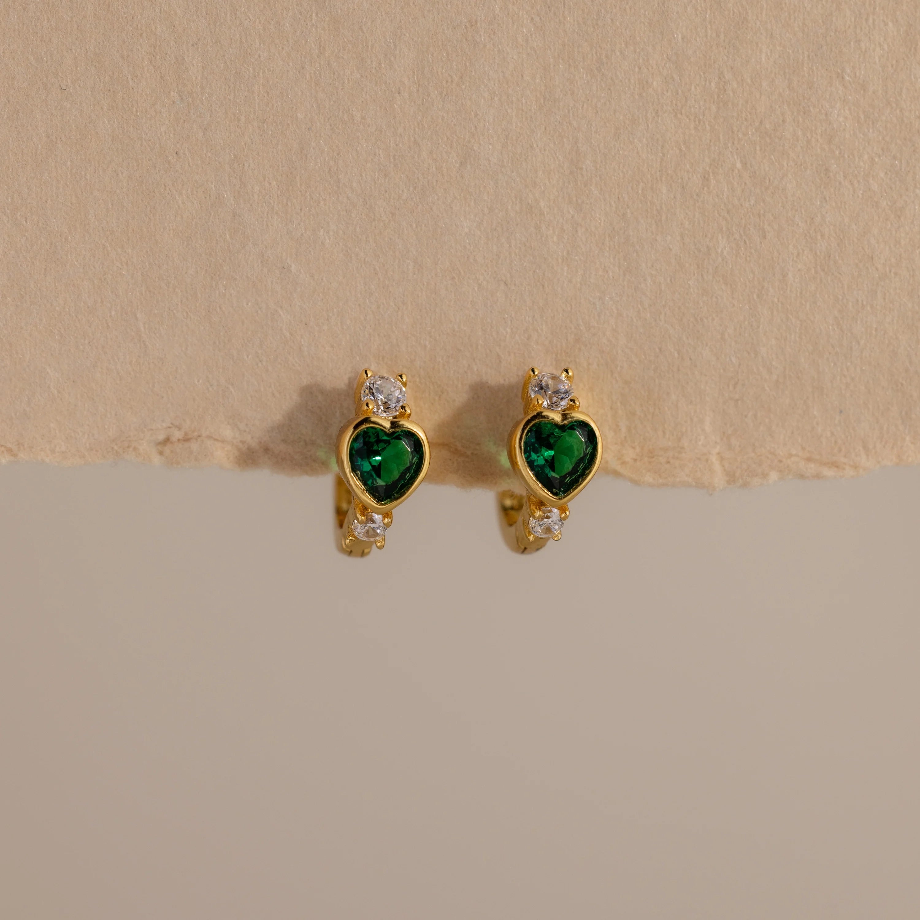 Emerald Heart Hoops Silver 18K Gold Plated