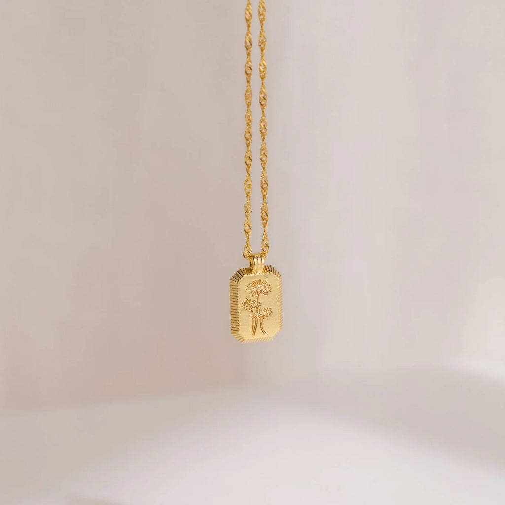Ribbed Birth Flower Tag Necklace Silver 18K Gold Plated