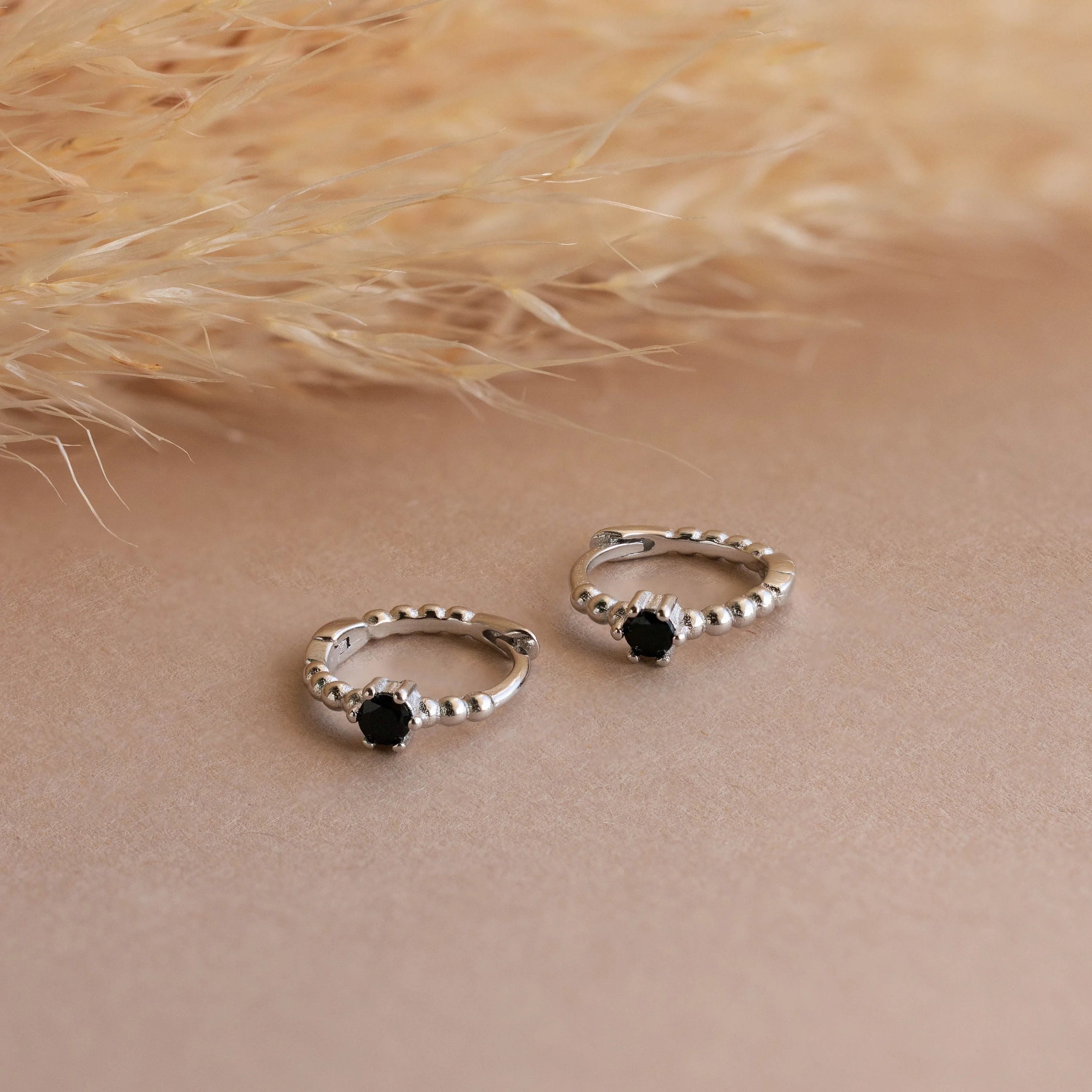 Onyx Beaded Huggies Silver 18K Gold Plated