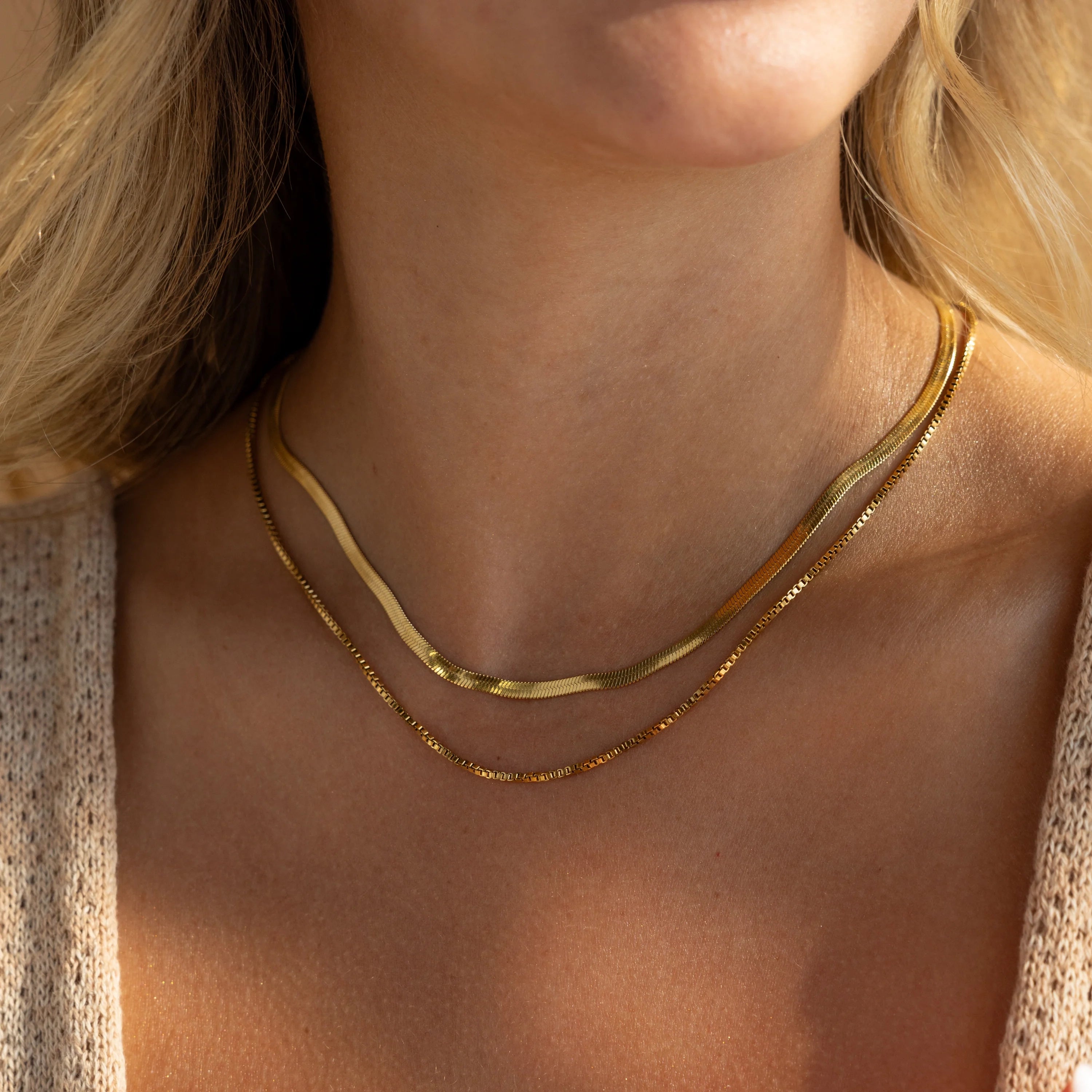 Herringbone Duo Chain Necklace Silver 18K Gold Plated