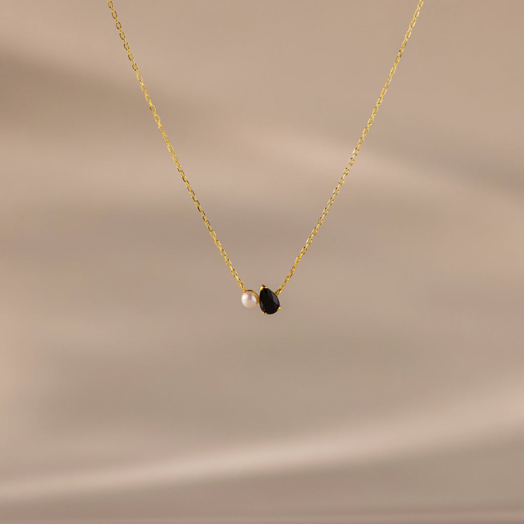 Teardrop Birthstone & Pearl Necklace Silver 18K Gold Plated