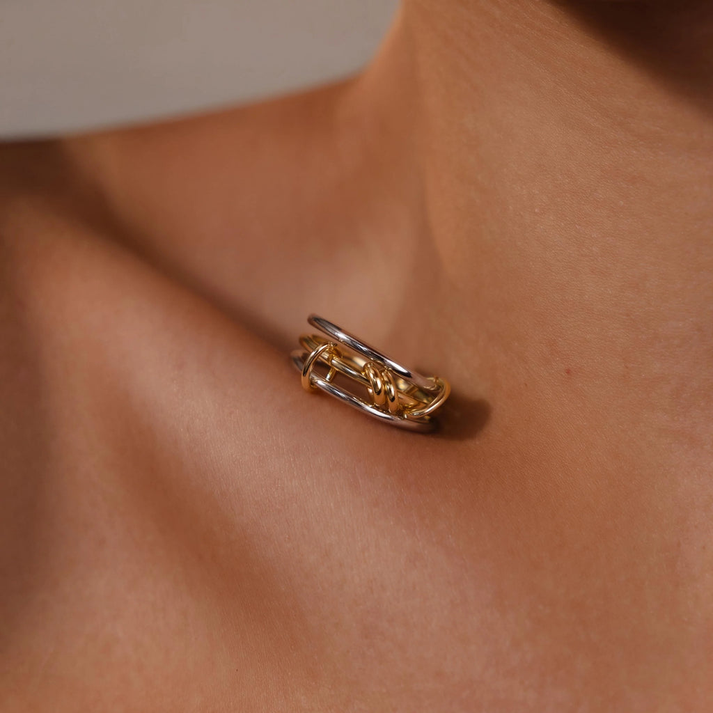 Mixed Metal Linked Ring Set Silver 18K Gold Plated