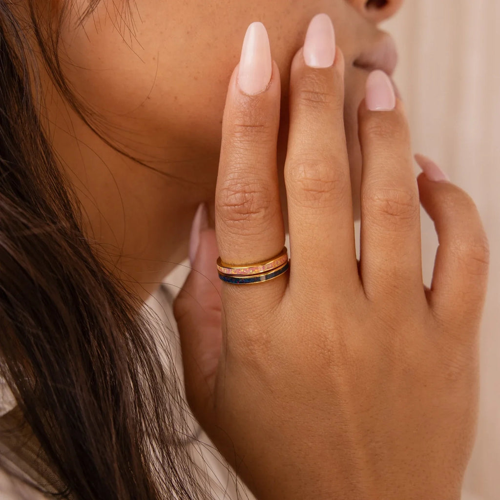 Opal Inlay Rings Set Silver 18K Gold Plated