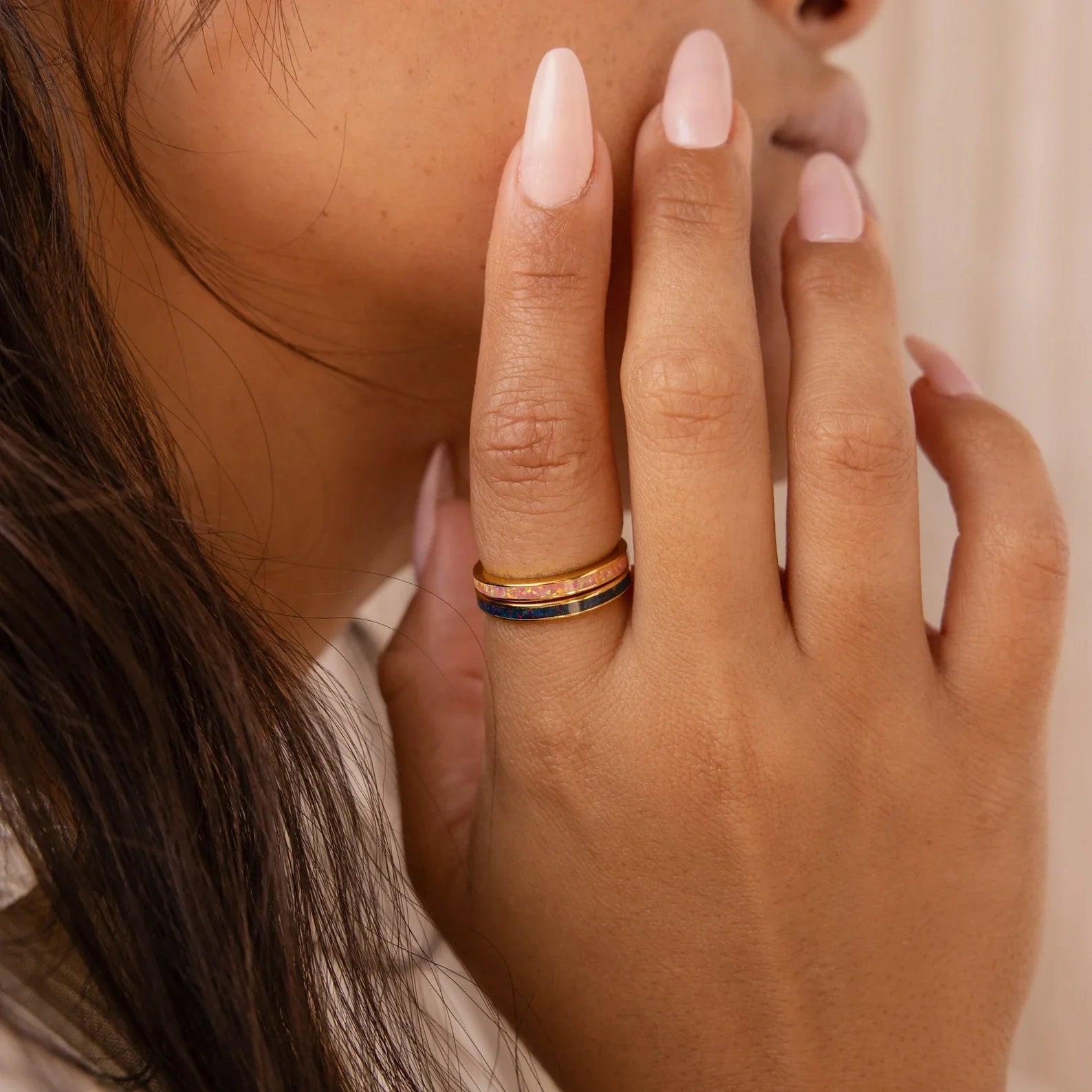 Opal Inlay Rings Set Silver 18K Gold Plated