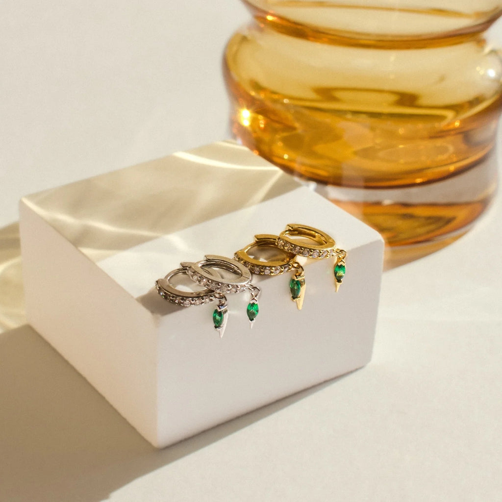 Emerald Dagger Charm Huggies Silver 18K Gold Plated