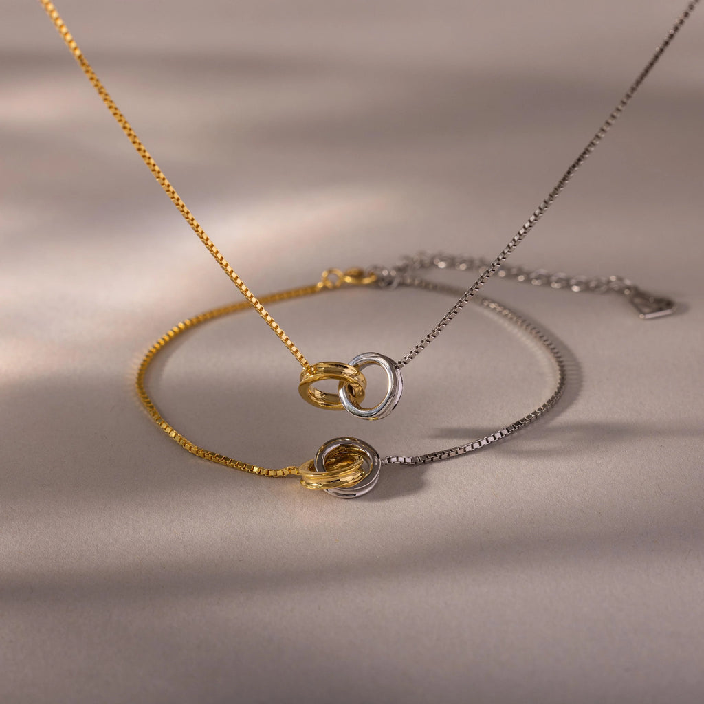 Interlocking Circles Necklace and Bracelet Set Silver 18K Gold Plated