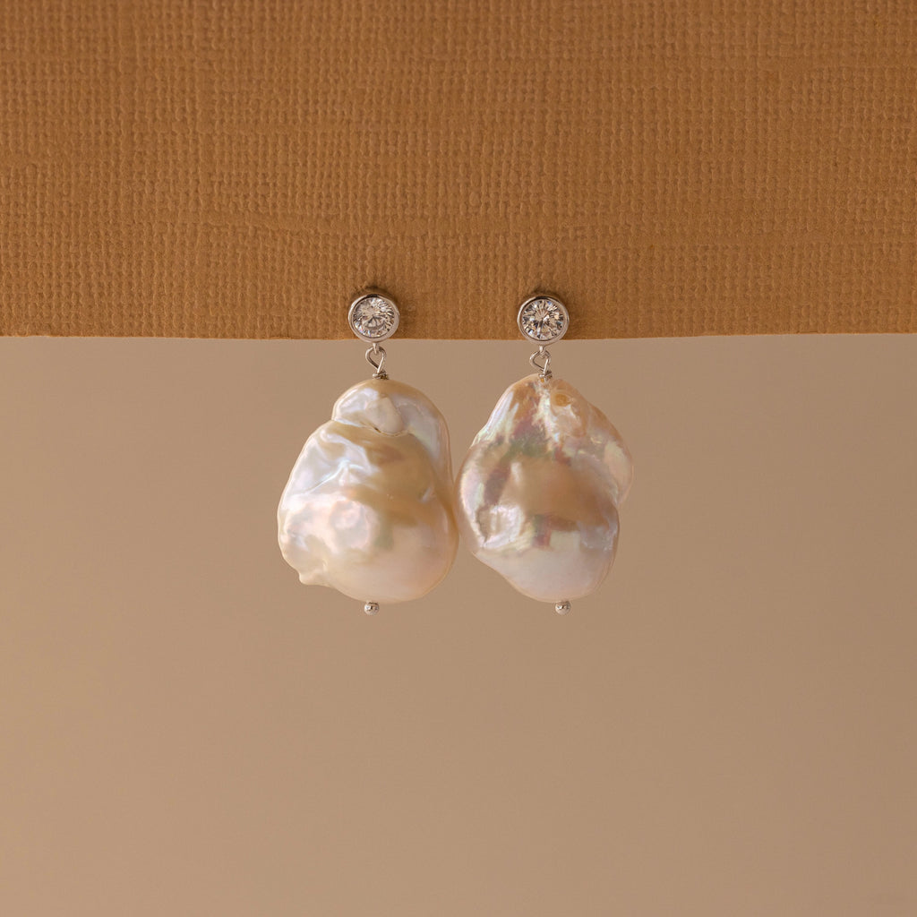 Diamond Baroque Pearl Studs Silver 18K Gold Plated