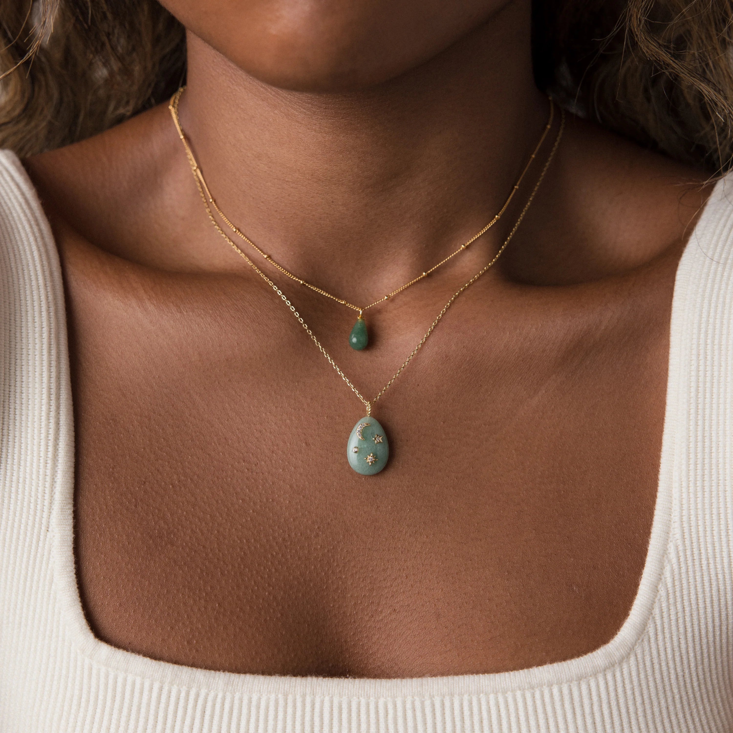 Diamonds Celestial Aventurine Pendant Necklace Silver 18K Gold Plated
