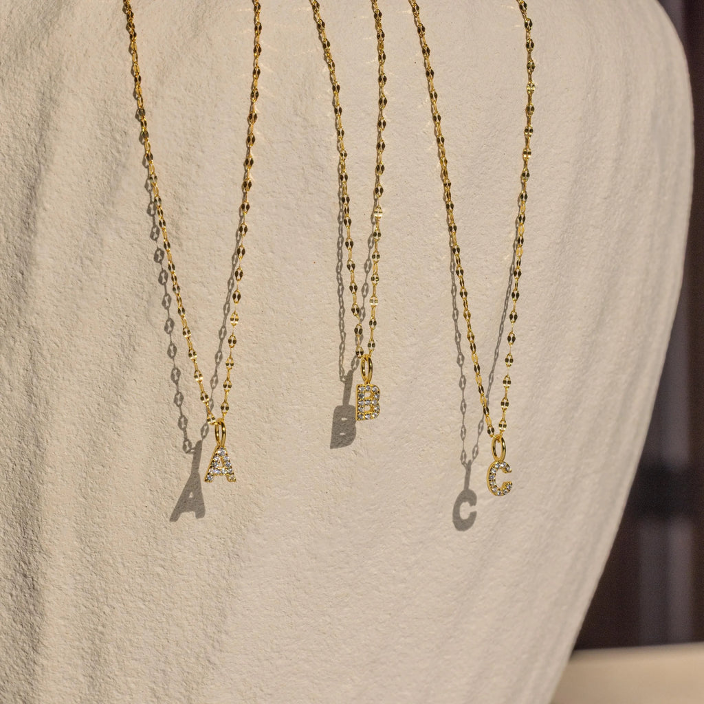 Dainty Pave Letter Necklace Silver 18K Gold Plated