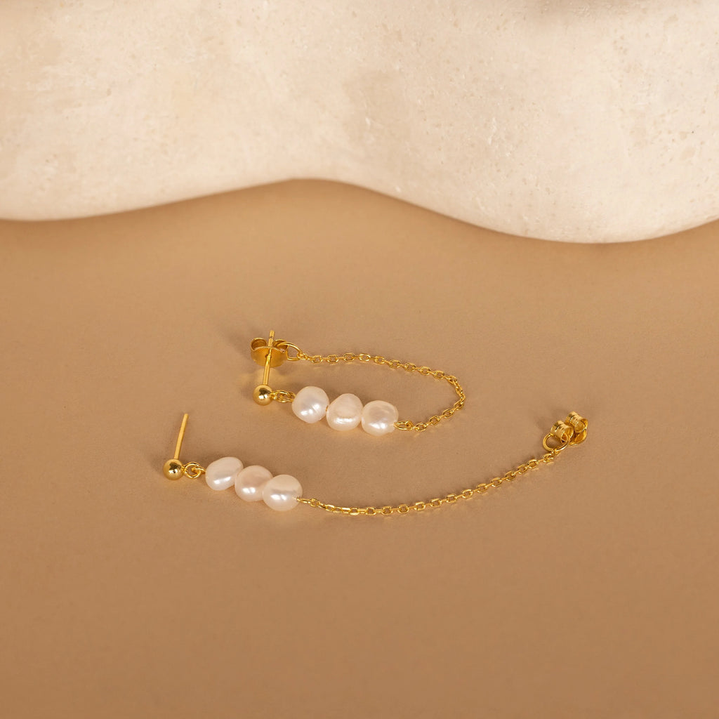 Triple Pearl Drop Earrings Silver 18K Gold Plated