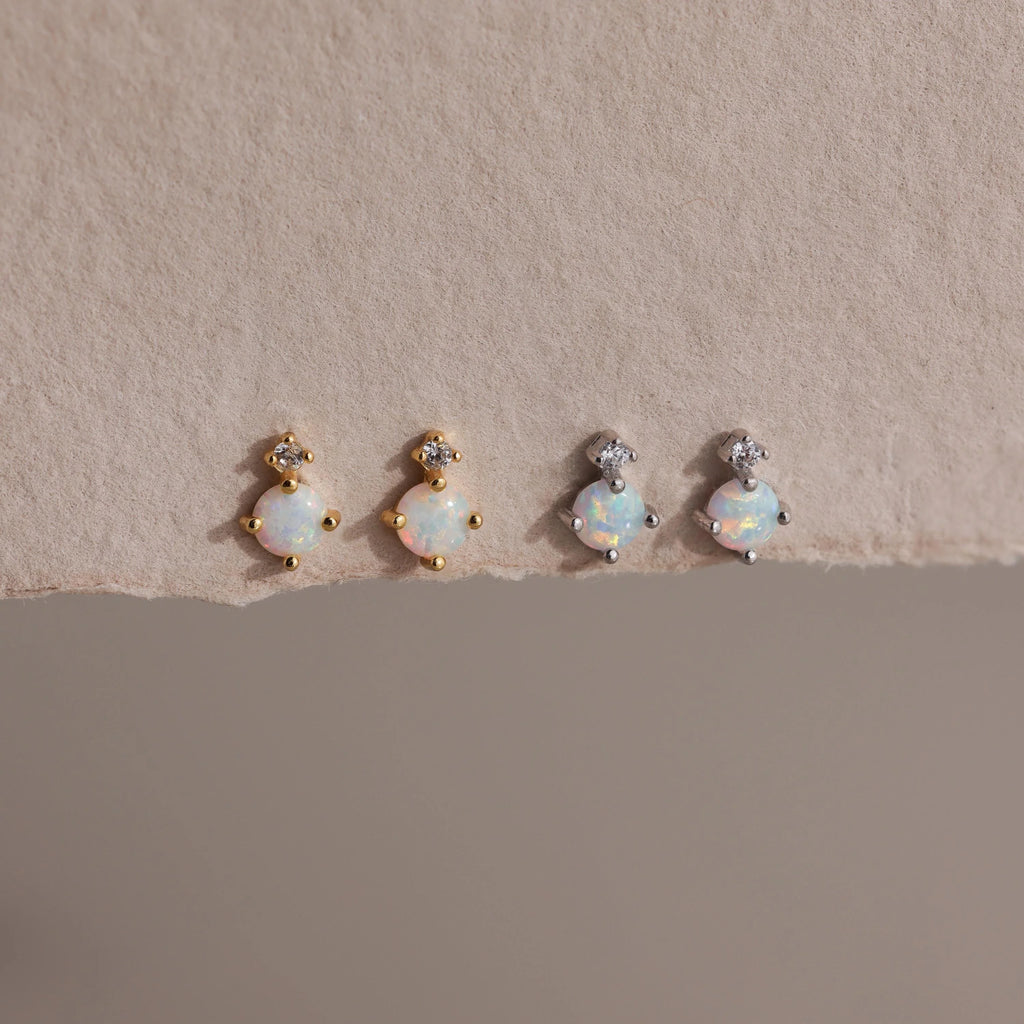 Opal & Diamond Flatback Studs Silver 18K Gold Plated