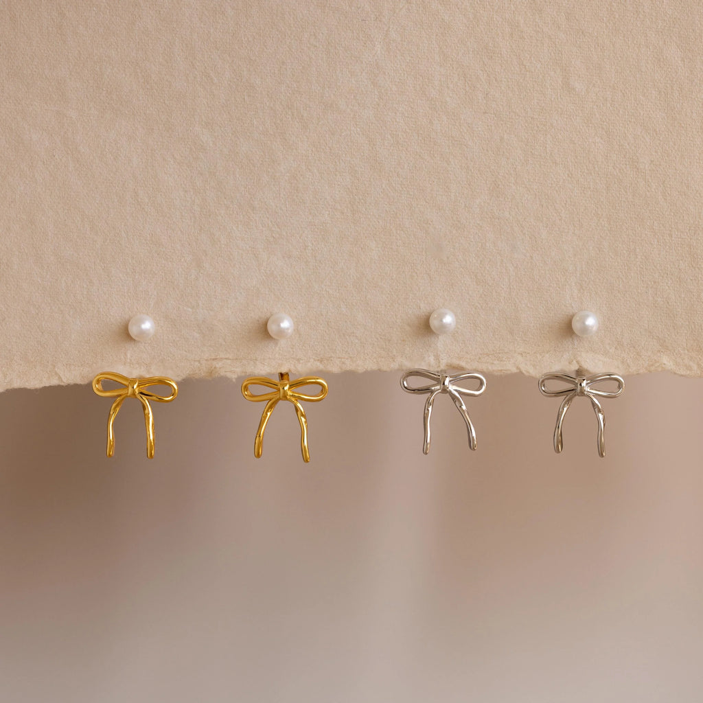Pearl & Bow Ear Jackets Silver 18K Gold Plated
