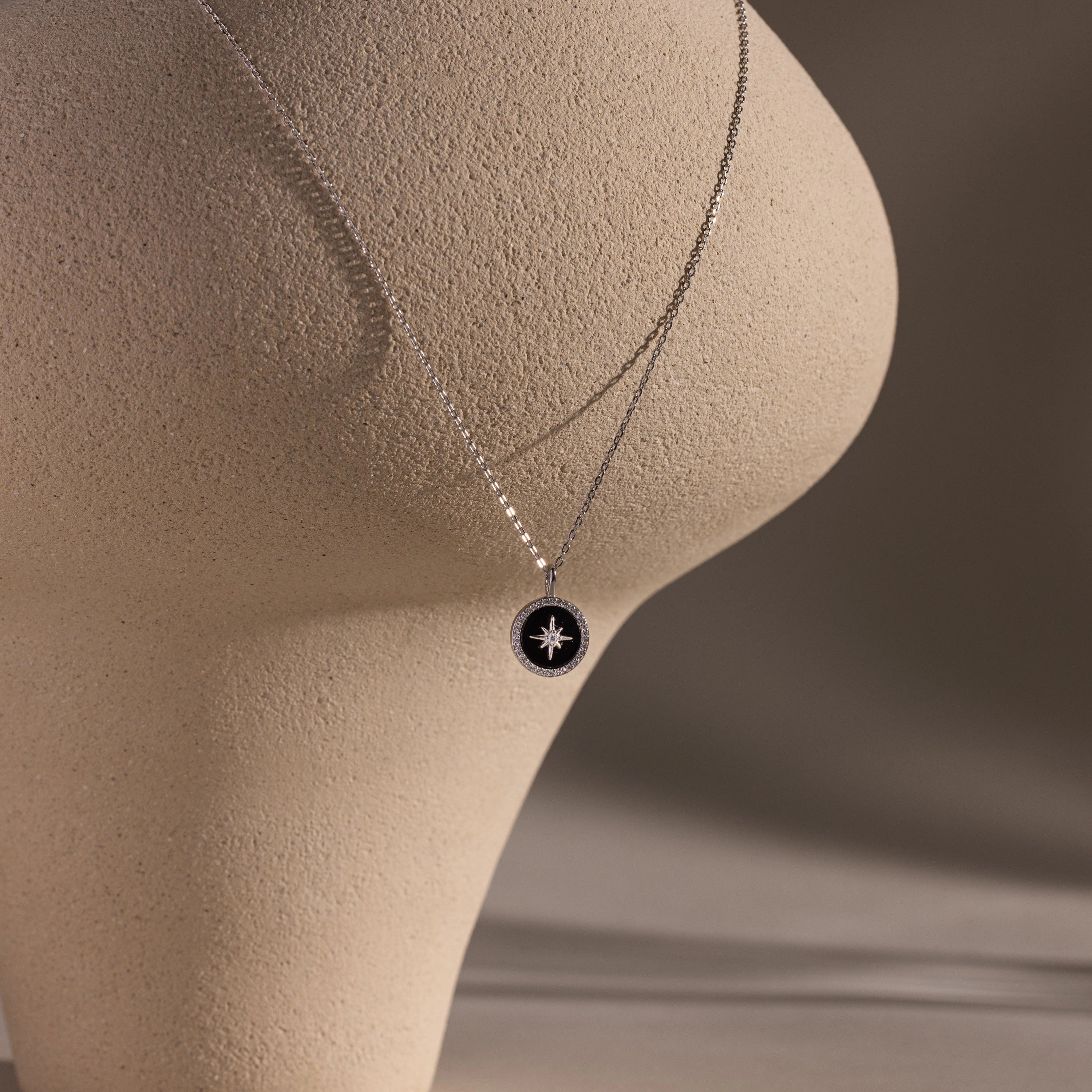 Diamonds Onyx Star Pendant Necklace Silver 18K Gold Plated